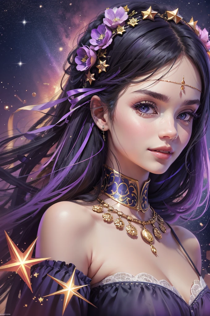 A italian girl, Best quality at best, (A smile brightened her face), close up, Background: Starry sky and zodiac signs, Purple hues like nebulae, Vast space, Award-Awarded, (high detal), Sharp, 8K, Popular topics on artstationh, iintricate, (Best quality at best,4K,8K,A high resolution,tmasterpiece:1.2),ultra - detailed,(actual,photoactual,photo-actual:1.37)