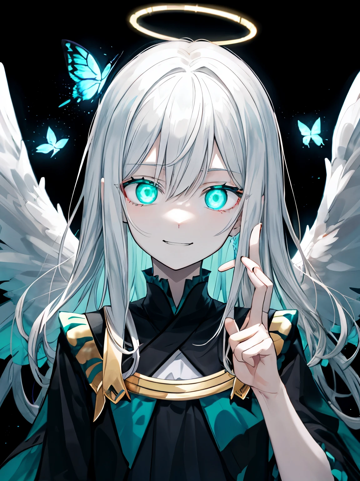 Best Quality、masutepiece、Ultra-detailed、face perfect、Extremely detailed、Extremely delicate、1 boy, (Scary), Angel, Gorgeolanche'The halo), Dark, Glowing eyes, Light green eyes, Angel wings, holy, , blancheのチュニック, 2対のblanche angel wings, which are full of confidence, Smile, Keep your mouth shut、Expressive eyes, collofull eyes, Contrasty, shadowy, masutepiece, Digital Art, Glowing eyes, Intimidating, corrupted, Demonic, Abstract background, blanche, black and teal、両手にblancheく輝く星を浮かばせる、fear、A light blue butterfly dances