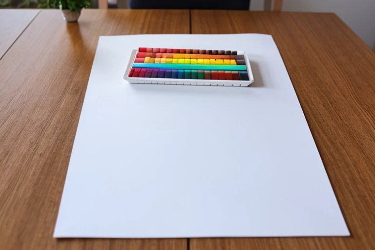 white sheet of paper on a table with many colored pencils next to it, giz de cera, canetinhas coloridas, ambiente como uma brinquedoteca infantil, ambiente claro iluminado diurno, environment with colorful furniture, mostre as mesas inteiras sem cortar as pernas das mesas, image further away, lente 18mm