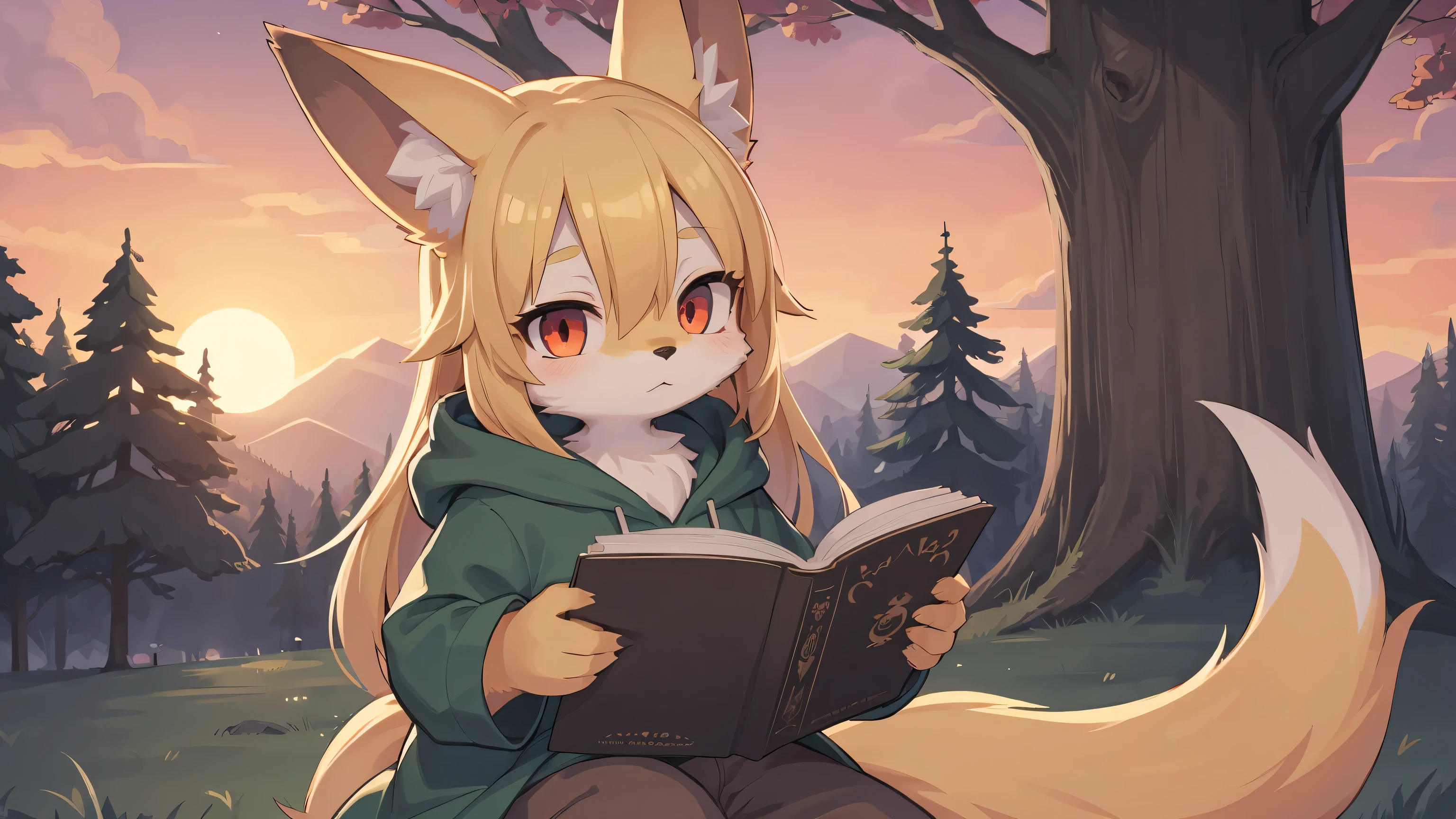 Shota the fox, , was hairy, Shaggy, Skin fur, smooth eyelashes, Golden fur, Forelimb hands, Straight long blonde hair, Solid Circle Eyes, Golden ears, Golden fur, golden face fur, Shiny hair, Red Eyes, Super cute face, 1 fox tail, fluffy tail, Furry tail, deadpan, Glowing eyes, Green coat with green hood on, Brown pants, read grimoire, sit on a big tree, ambient lights, Ultra-fine fur, dashed eyes, Full body, masutepiece, High quality, detaileds, Best Quality, wide short, ((Solo)), Twilight, sun light, Red sky, Rim Light