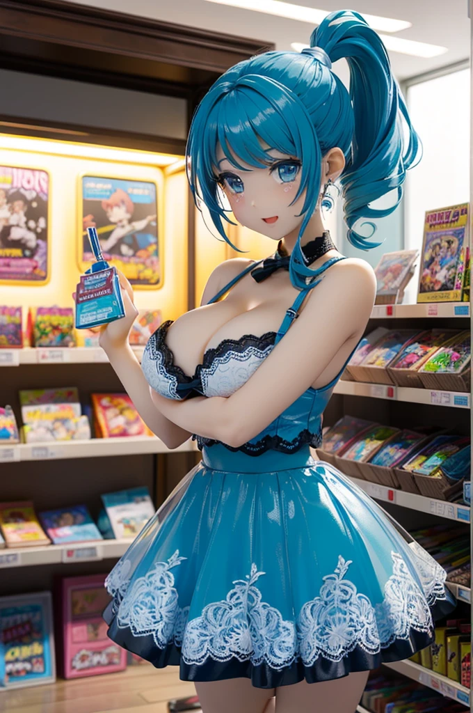 (Official art、Best Quality、Unity 8k Wallpapers、32K、ultra-detailliert、超A high resolution、realisitic、Photorealsitic:2.0、pvc revoltech)、(Cinematic lighting:1.8)、(Full body)、Transparency、Crying face、Acrylic Stand,The product is a shop clerk wearing a transparent blue two-piece lace queen costume...、fashion modell、Charming,A sexy,vinyl mini skirt,cleavage of the breast、amazing、foco nítido、I opened my mouth a little、Charmingな微笑み、Jump gracefully with both feet、there were many spectators、(light blue braided ponytail、beautiful hair of blue color、 Blue eyes)、Inside the acrylic box、service area,Fancy Goods、Amusement park toy store、huge lcd monitor,Inside the UFO Catcher、