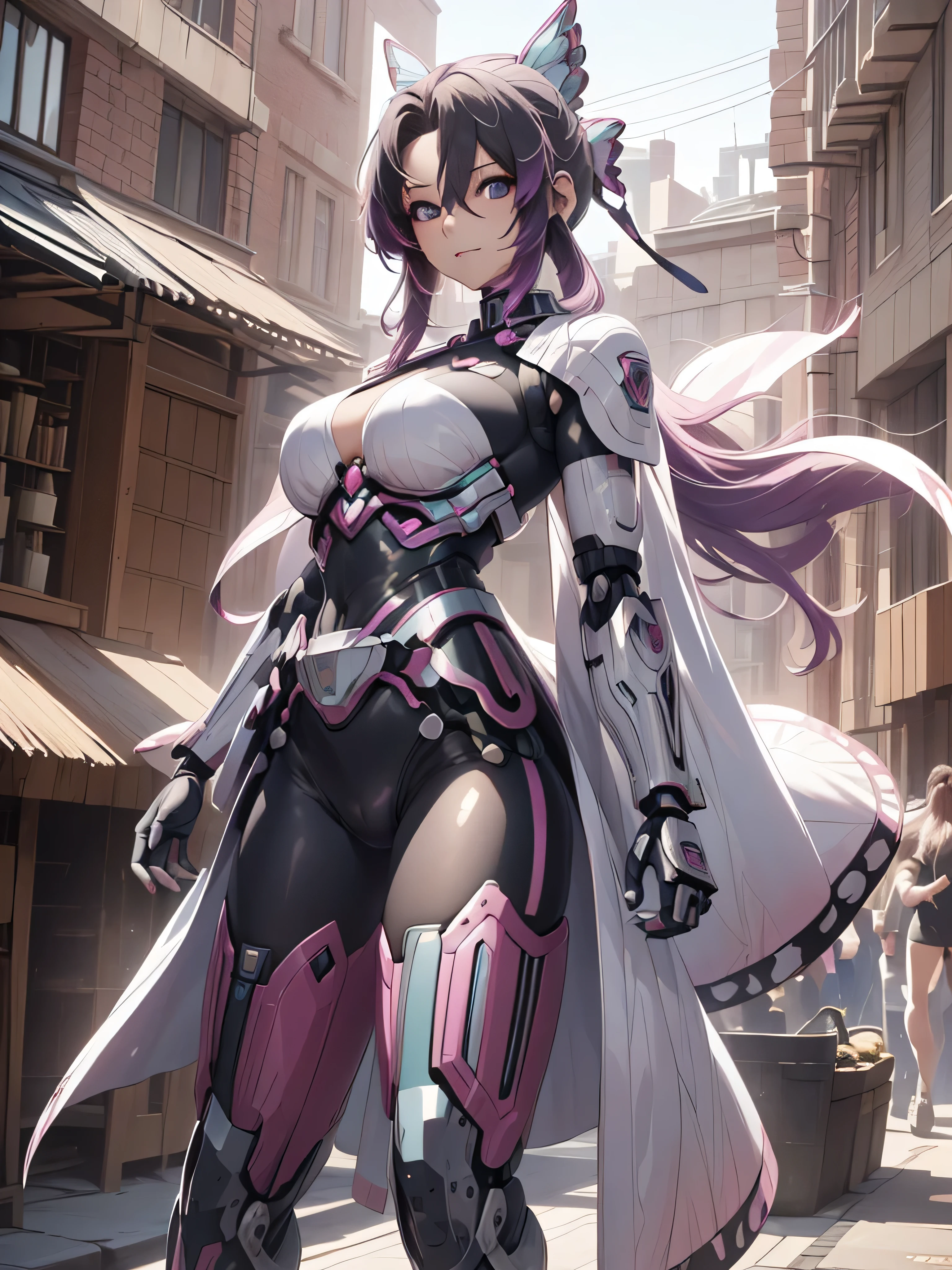 (top-quality、​masterpiece、Ultra-detailed、8K)、1girl in、((Hu Dieren))、Full body、metalic、mechs、cyborgs、cyberpunked、katanas、long、hair adornments、Daytime、Urban area、