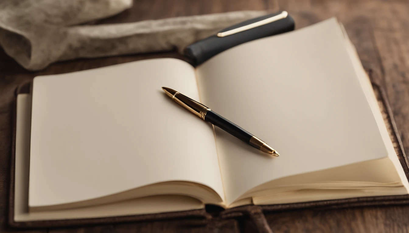 a top-down shot of a blank notebook mockup, with a stylish pen or pencil placed on top, evoking a sense of inspiration and the blank canvas awaiting ideas