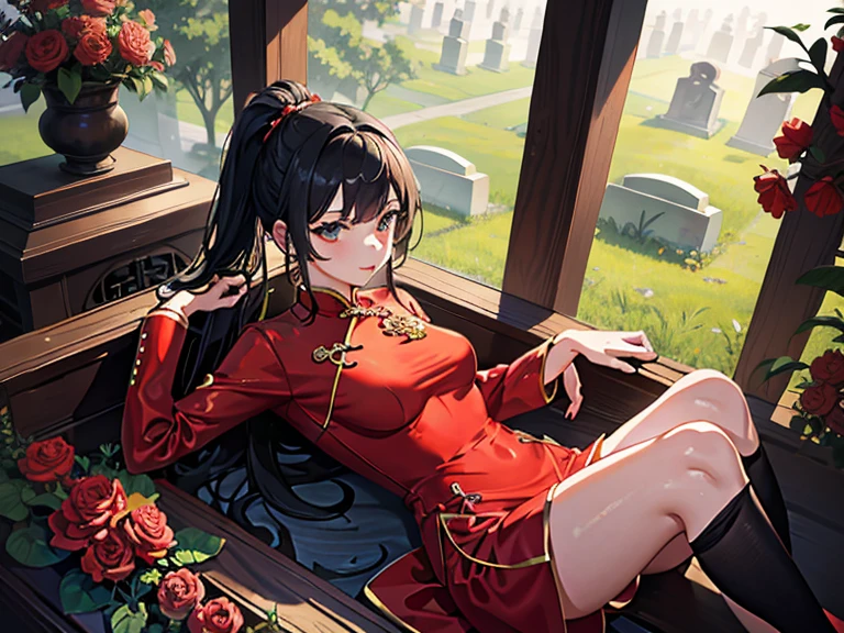 A girl wearing a red cheongsam lies in the coffin,cemetery,underdressing