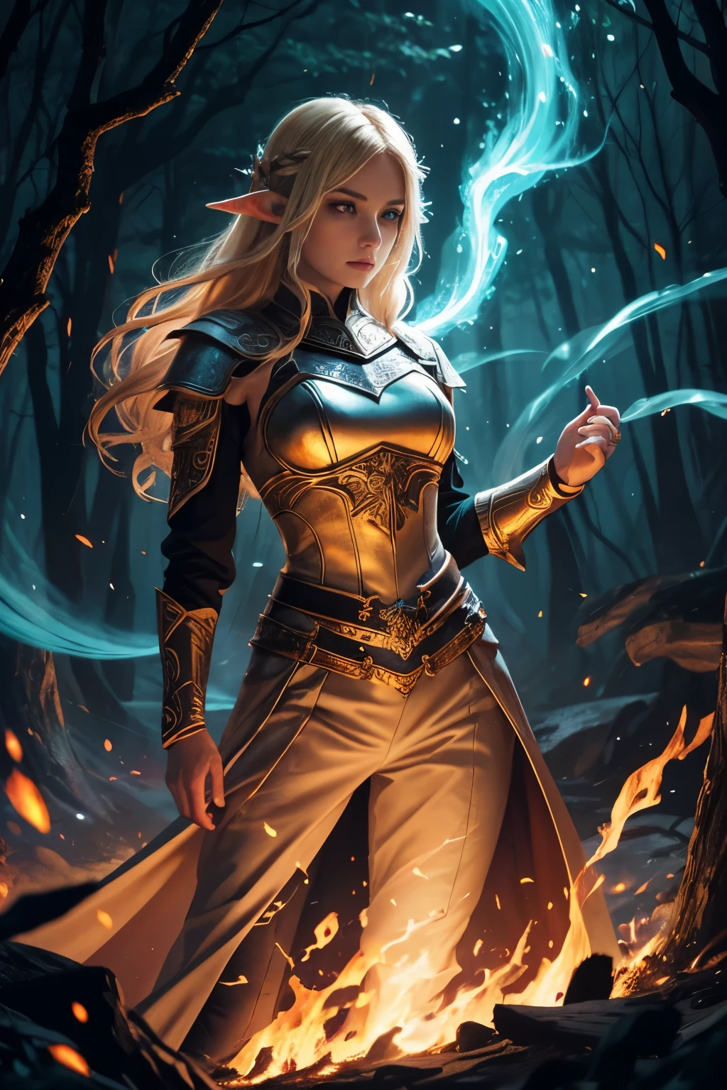 illustration of an elf warrior of ethereal beauty, flowing medium blonde hair and turquoise eyes. She is surrounded by fire, sending calls through her hands. she is bathed in light, eyes highlighted, arms of fire floating in the wind, particle lights. She has an angry expression. She is wearing medieval clothes, white cotton shirt and brown leather pants, Lord of the Rings style. With the background under the night sky surrounded by forest lights. illustration with combined and vibrant abyssal colors, vibrant frame, FULL BODY, radiating fire. ultra detailed illustration by Mschiffer, jrpg, enlarged, hit definition, cartoon, vector, contrasting colors, colorful holographic, 32k resolution, best quality, volumetric lighting, best quality, masterpiece, (very high saturation of strong colors)