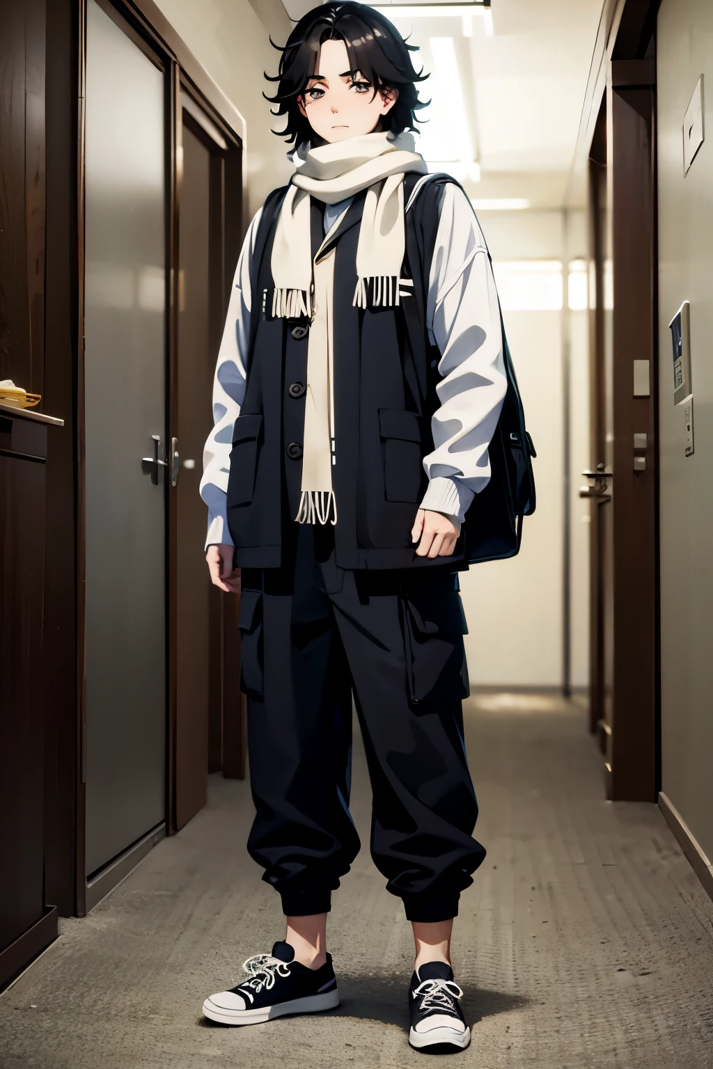(best quality)), ((masterpiece)), (detailed), anime, Mikey, Messy hair, black hair, front face, white haori, scarf, Male focus, facing viewers, Baggy pants, shoes,