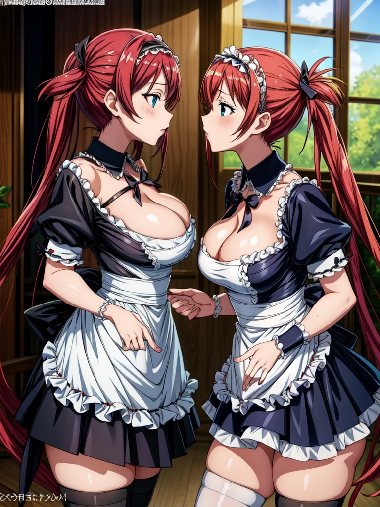 masutepiece, Best Quality, Airlib 4,  thighs thighs thighs thighs, black thighs thighs thighs thighs, Apron, zettai ryouiki, maid, Maid headdress, cleavage, Wrist cuffs,Multiple maids lined up,A lot of girls,kiss