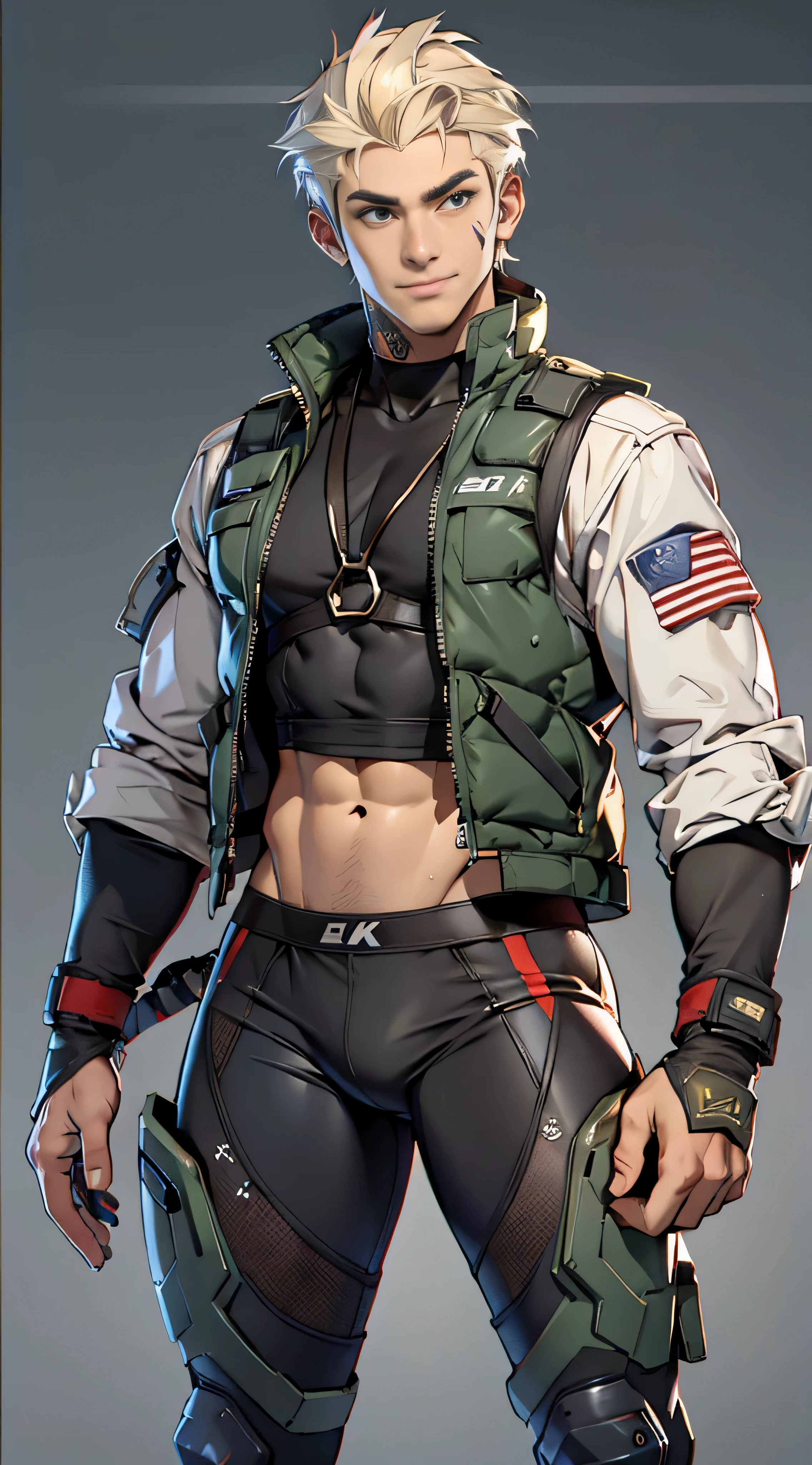 (((Best quality at best: 1.4))),(Unbeatable masterpiece), (hyper HD),(Hyper-realistic 8k CG)、 ((( body))), (((1 persons))), 25-year-old American soldier with perfect body,,A detailed face,muscular body:1.2,detail jacket,vests、 (Pictures from head to thighs),clean abs, Complex equipment, Dark Green，With white stars and off-white stripes,,,,, Tech Armor, Poison tattoos ),