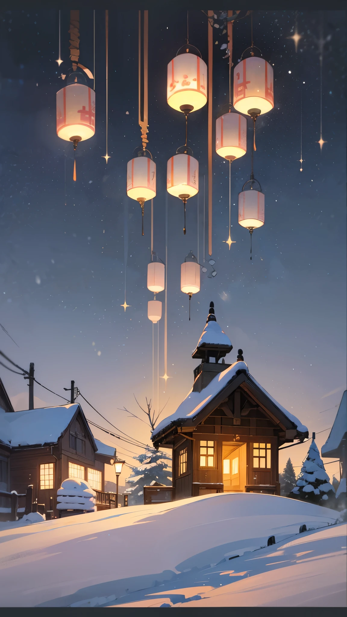 An elegant New Year greeting card for a LED flash light company, portraying a serene winter scene with softly lit LED lanterns casting a warm glow on snow-covered landscapes, a quaint village in the background, capturing a peaceful ambiance and the magic of winter nights, Painting, watercolor on textured , --auto --s2