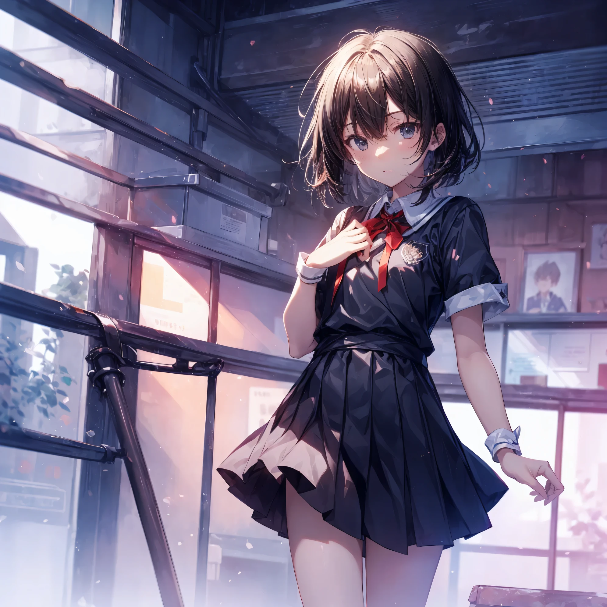 Super high quality by the art god, Ultra-detailed, High resolution, Shinkai Makoto style, anime moe art style, best anime 8K konachan wallpaper, Pixiv Contest Winner, Perfect Anatomy, BREAK,(Please draw a sleepy girl going to school alone.. ),BREAK, a hyperrealistic schoolgirl, (Solo,Lori,child,13years:1.3),Full limbs, complete fingers,a junior high school student, Androgynous attraction, (Very short hair), hair messy, flat chest, Small butt, groin, Small eyes,Beautiful detailed black eyes, Well-proportioned iris and pupils, disgusted eye, High resolution detailed hair, School uniform, Skirt,  On the way to school. BREAK,Ultra-detailed細なスキン, Best lighting by famous artists, 8K, Illustration,
