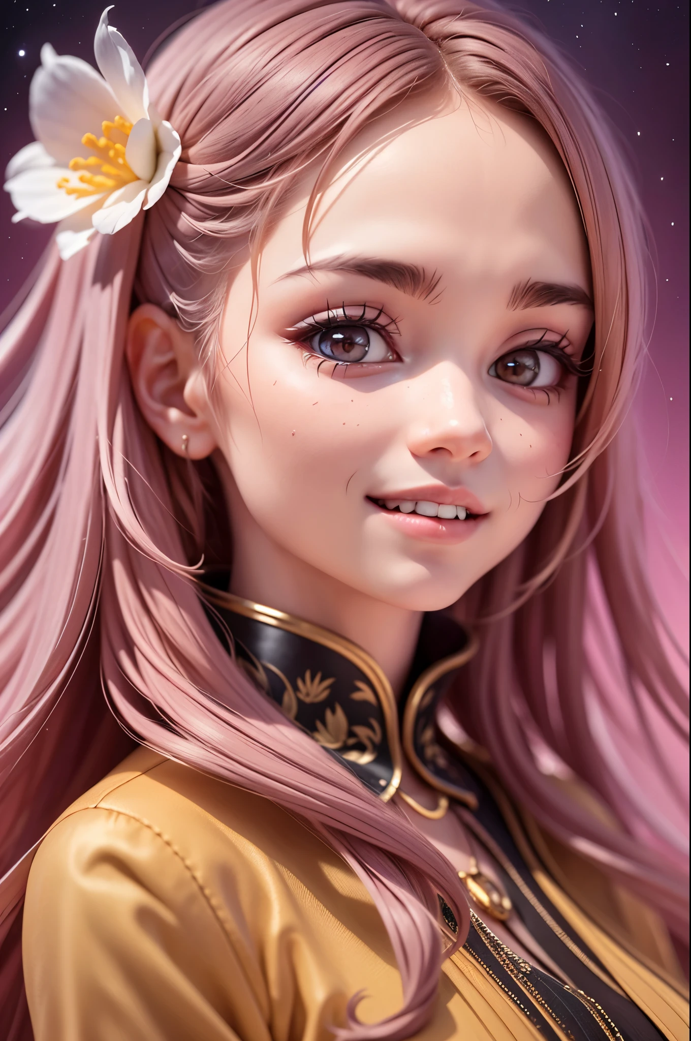 A italian girl, Best quality at best, (A smile brightened her face), close up, Background: Starry sky and zodiac signs, Purple hues like nebulae, Vast space, Award-Awarded, (high detal), Sharp, 8K, Popular topics on artstationh, iintricate, (Best quality at best,4K,8K,A high resolution,tmasterpiece:1.2),ultra - detailed,(actual,photoactual,photo-actual:1.37)