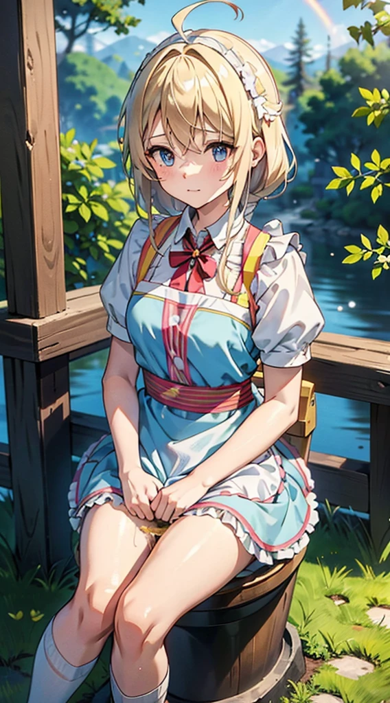 anime styled, High definition illustration, Perfect drawing, Draw anatomically correctly, alice in the wonderland, In the forest where the bright sun shines, Beautiful blonde girl, ((seminude:1.5)), A short, light blue dress with a simple design and frills., Layering a white apron,A Western-style toilet installed in the forest with no walls and exposed to the wind,She sits on the toilet seat, holding the hem of her dress and apron together and rolling them up., He looks at me with a mixture of shyness and openness.,Looking at the camera, The girl's apron and skirt are rolled up, so you can see the urine coming out of her genitals.,A faint golden pubic hair grows around the female genitals of the crotch., She cutely spreads her legs a little to avoid pee., light blue headband with white border, ((pissing:1.5)), White knee-high socks that reach above the knee