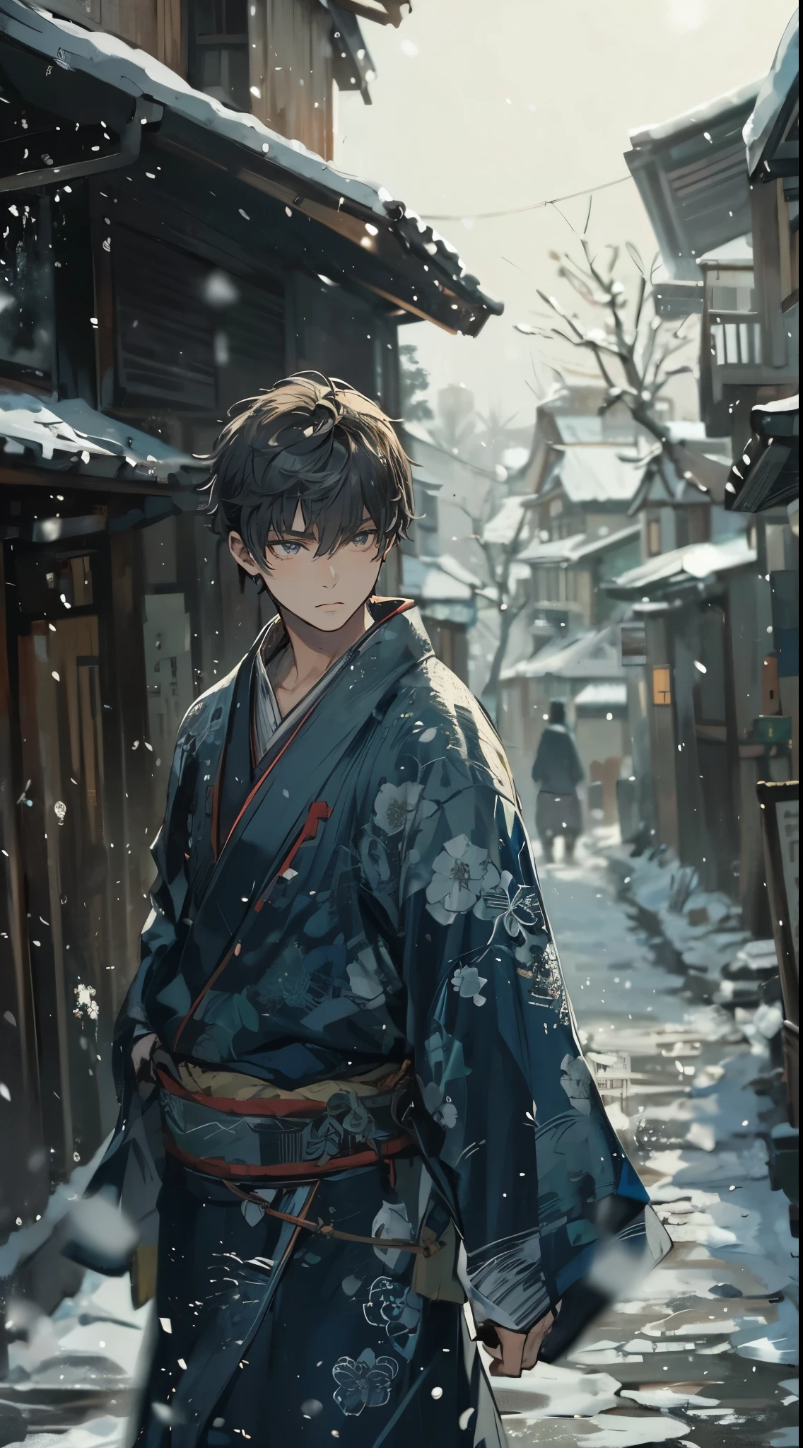 close-up on male, high quality, amount of drawing, pixiv illustration, A scene depicting a handsome young man walking through an old Japanese town during a snowy winter. He is dressed in a traditional winter kimono, featuring deep blue and grey patterns. The kimono is made of heavy materials to withstand the cold. His face is handsome and composed, with a calm expression. His hair is neatly cut short, just touching his ears. In the background, there are ancient wooden houses and a cobblestone street, with snow gently accumulating. This scene captures the elegance of the kimono and the serene atmosphere of winter in Japan