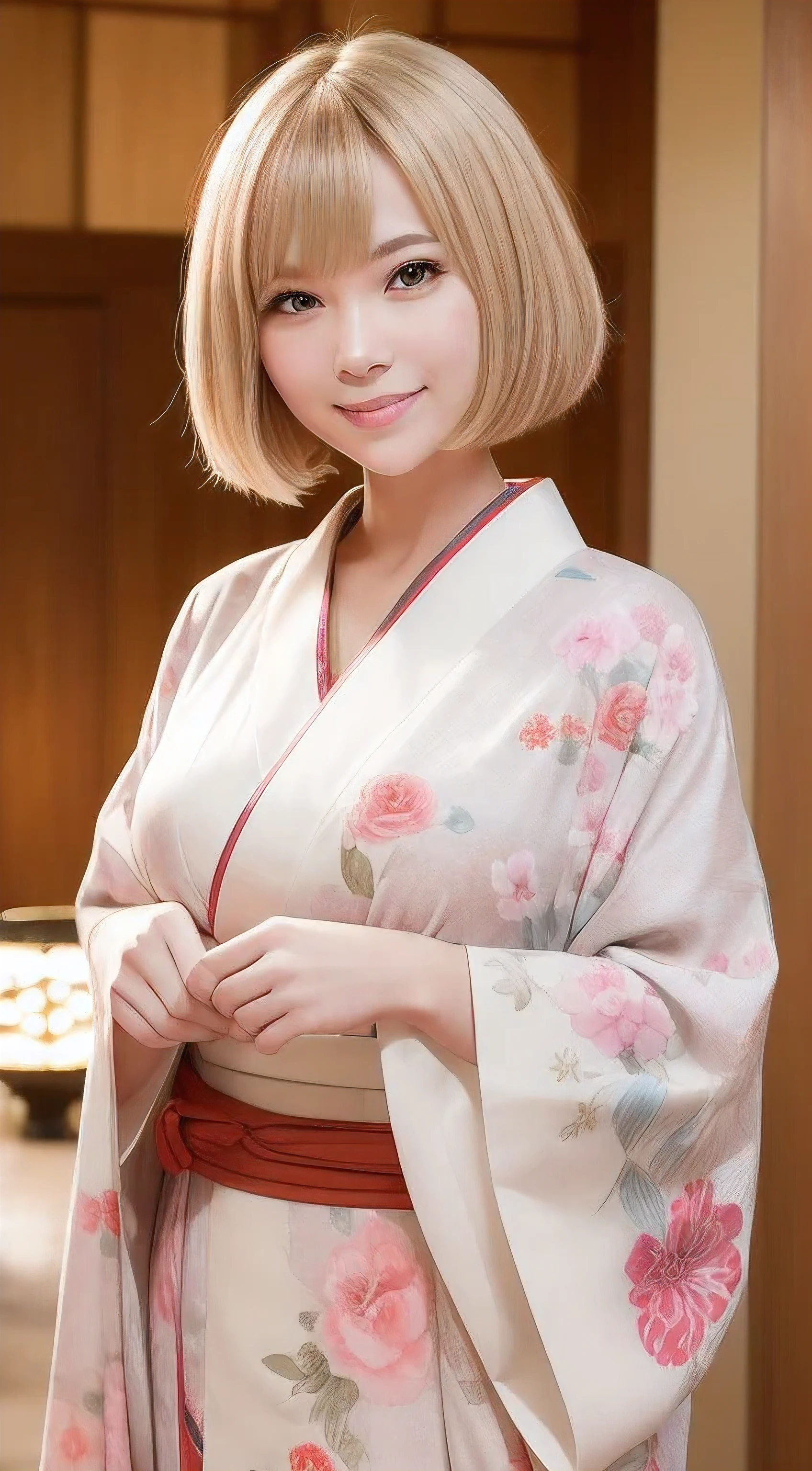 masutepiece, Best Quality, Upper body, Cute, Smile, shrines, shining background, Kimono, front facing, front-facing view, Body Forward, The body is facing forward, An American woman, Golden hair, American Women, blond woman in a, bob cuts, American Face, The upper part of the body, A slender, head shot