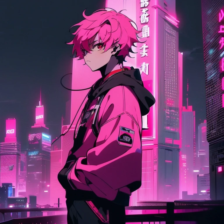 (short-cut), (Two-block hair), (vivid pink hair), (male character), (Red Eyes), (Cool pose), (of the highest quality), (​masterpiece), (ultra-detailliert), (Oversized hoodies), (Street), (neons), (Camera from a down angle), (Modern City), (neonsデイライト), (Cinematic), (Stylish), (hight resolution), (Hyper Detailed), (Looking at the camera), (Anime-style), (Softtown), (nightcore), (a handsome man), (Listening to music through headphones), (natural appearance of the building), (casual), (ig studios anime style), (Standing Pose),