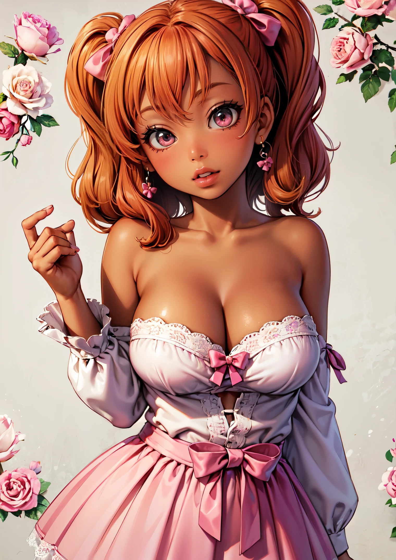 darkskin+++++, tanned+++, dark brown skin1:9++, bright orange hair, hair down, pink eye, big breast++, thick lips, pink bow+, detailed eyes+, (highest quality, amazing details:1.3), (solo:1.3), masterpiece, glossy lips, dolly lips+, pouty lips++, pink bow+, strapless shirt, cleavage, bow symbol++, lace woven shirt, puff sleeve skirt, room background, pink room++,