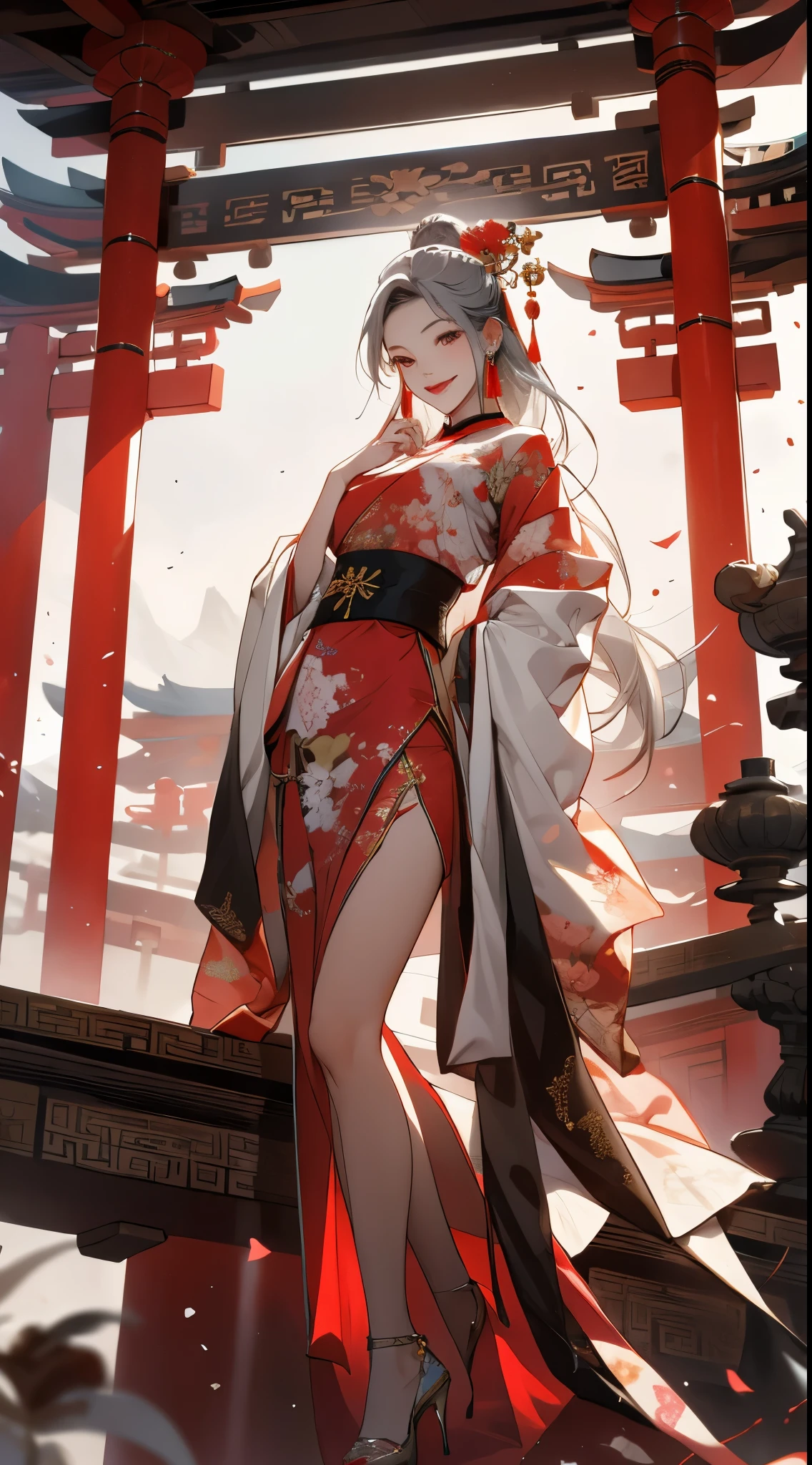 Best quality, tmasterpiece, A high resolution, 1 girl, ancient Chinese pink a skirt, Nice face, ancient Chinese costume, Bow tie no original picture, Elegant, noble, diadems, lean legs, faeries, hair adornments, Alone, looking at viewert, Smiling, shut up, Open lips, a skirt,high-heels， hair adornments, choker necklace, jewely, Long gray hair, ear nipple ring, architecture, east asian architecture