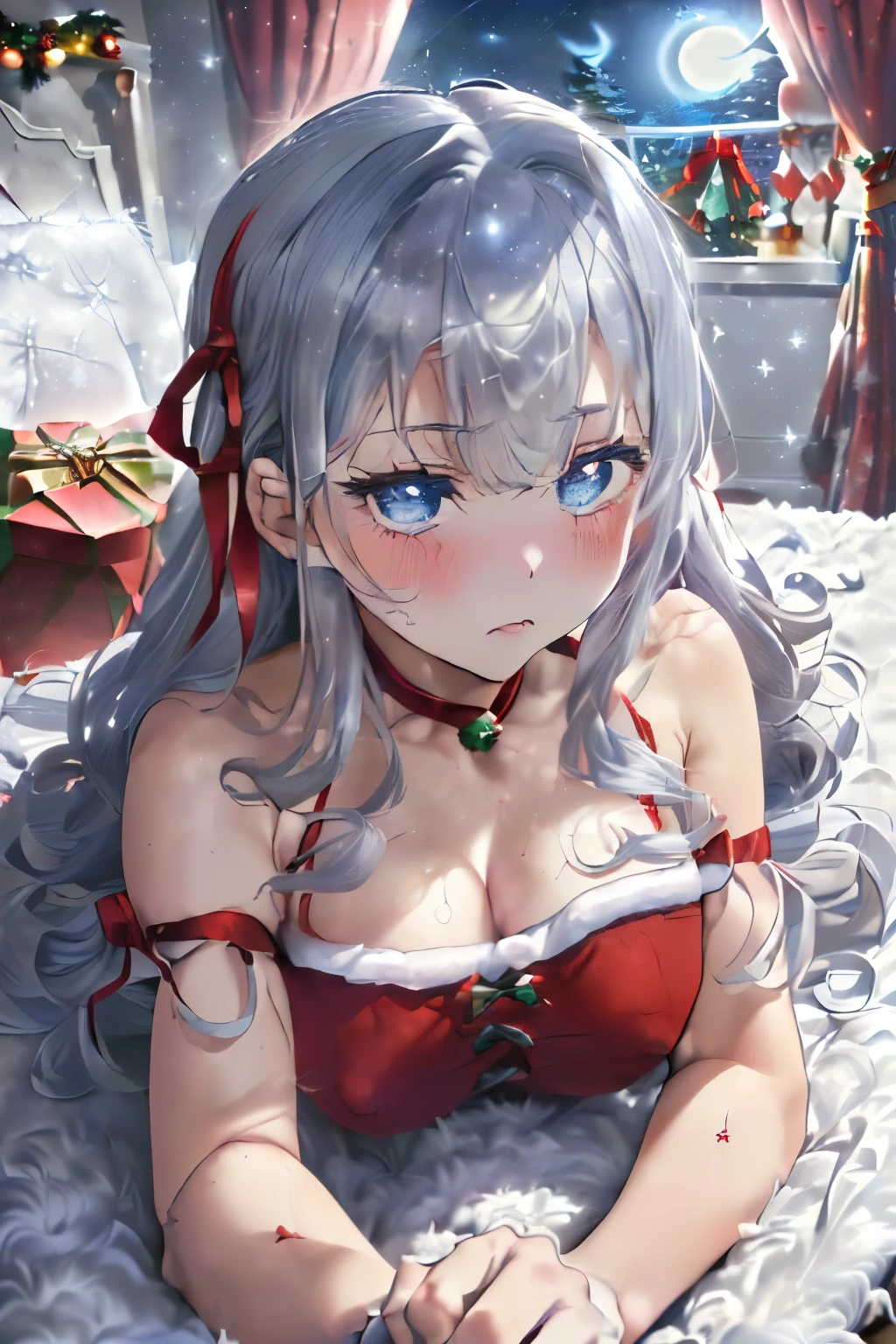 (silber hair:1.5),(Fluffy hair with curls:1.2),(blue eyes:1.3),(With bangs),Slight red tide,(christmas color ribbon:1.4),(Fluffy and luxurious Santa costume 1.45),(A room at night with moonlight shining in:1.6),(Your eyes are shining like stars:1.5),(A man's room living alone:1.45),(simple men&#39;s room),(Fluffy carpet:1.35),(Limb restraint:1.4),(Eye size:1.7),(drooing eyes:1.65),(Hand flail:1.4),(fetters:1.4),(close up of face:1.35),(Hand flailとfettersは鎖で繋がっている:1.4),(SM Play:1.4),(nsfw:1.35),(lying on the carpet:1.3),(lie down:1.45),(sleeping on the carpet:1.5),(red blush:1.4)