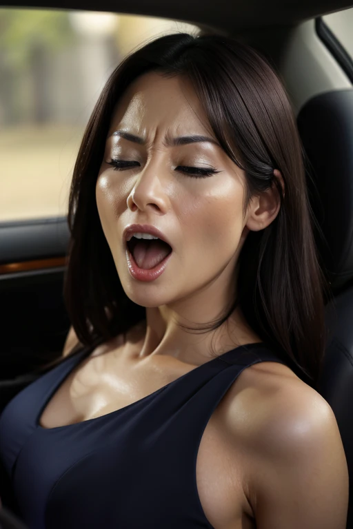 masutepiece,,award - winning photo, Extremely detailed, edgOrgasm,Face Focus, Face Close-up、Woman with mouth open and eyes closed , Woman with Edge _Face、30-years old、A dark-haired、CNN News Anchor、Glossy skin、In the car、NSFW,large full breasts、Glossy skin、