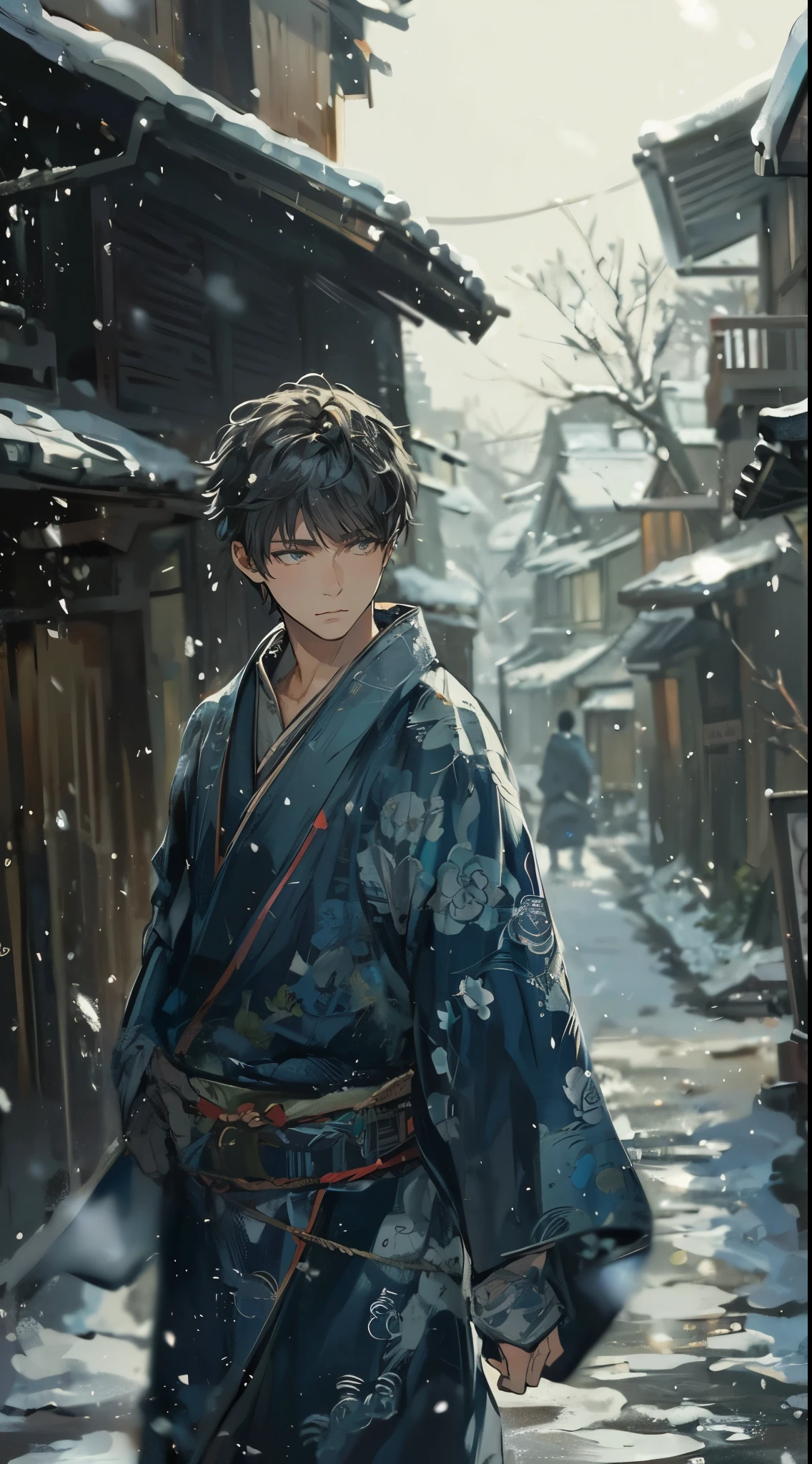 close-up on male, high quality, amount of drawing, pixiv illustration, A scene depicting a handsome young man walking through an old Japanese town during a snowy winter. He is dressed in a traditional winter kimono, featuring deep blue and grey patterns. The kimono is made of heavy materials to withstand the cold. His face is handsome and composed, with a calm expression. His hair is neatly cut short, just touching his ears. In the background, there are ancient wooden houses and a cobblestone street, with snow gently accumulating. This scene captures the elegance of the kimono and the serene atmosphere of winter in Japan
