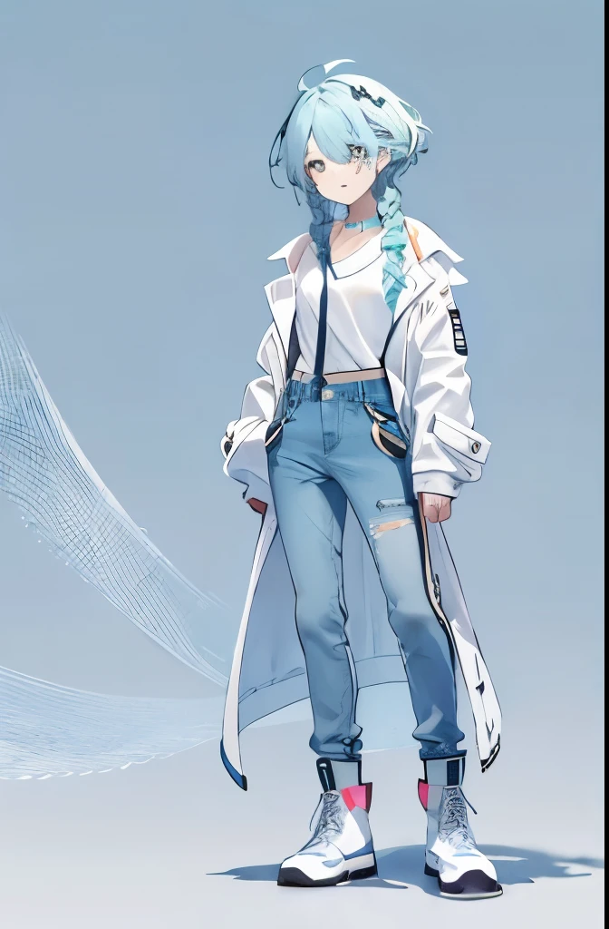 denim pant, white  shirt, Punk coat, with whole body visible, Standing Picture (Single background, white backgrounid: 1.3), lightblue hair, Short hair details, Single braid, Side braids