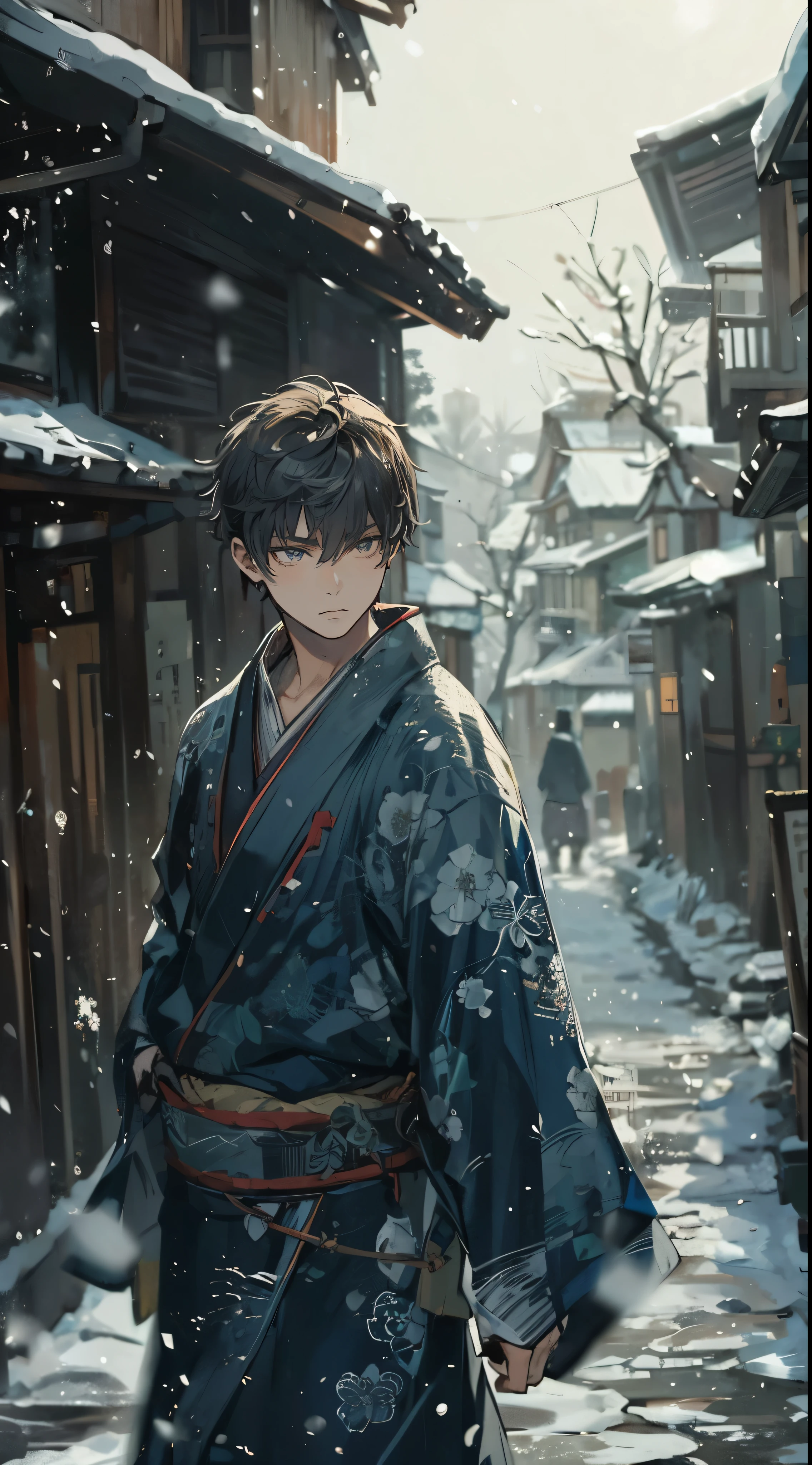 Male closeup, High quality, amount of drawing, pixiv illustration, A scene depicting a handsome young man walking through an old Japanese town during a snowy winter.. He is wearing a traditional winter kimono, Features deep blue and gray patterns. Kimonos are made of thick material to withstand the cold.. his face is handsome and calm, With a calm look. his hair is cut neatly short, just touch his ear. In the background, There are old wooden houses and cobblestone streets, In the snow that quietly piles up. This scene expresses the elegance of the kimono and the calm atmosphere of winter in Japan.。