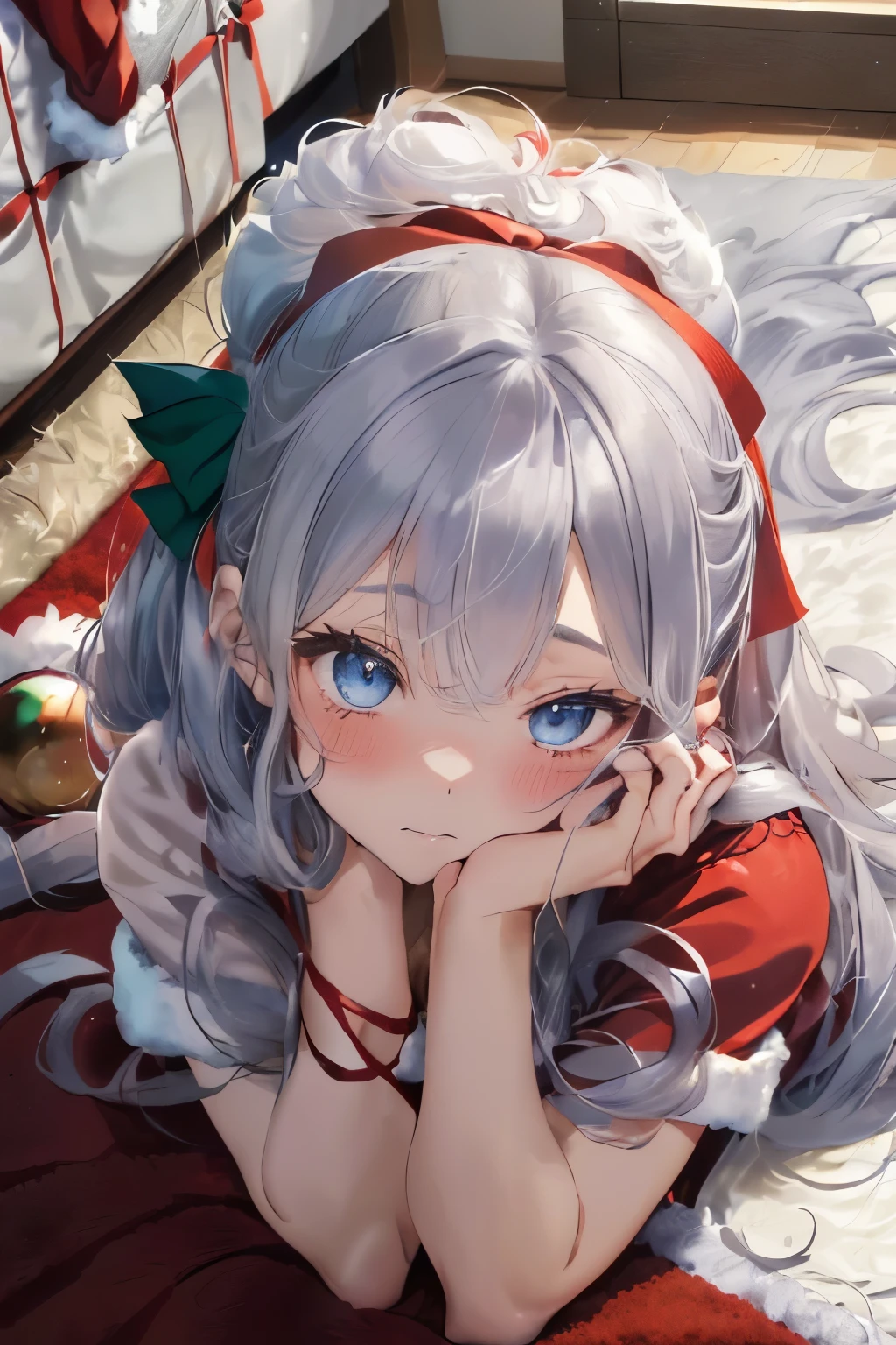 (silber hair:1.5),(Fluffy hair with curls:1.2),(blue eyes:1.3),(With bangs),Slight red tide,(christmas color ribbon:1.4),(Fluffy and luxurious Santa costume 1.45),(A room at night with moonlight shining in:1.6),(Your eyes are shining like stars:1.5),(A man's room living alone:1.45),(simple men's room),(Fluffy carpet:1.35),(Limb restraint:1.4),(Eye size:1.7),(drooing eyes:1.65),(Hand flail:1.4),(fetters:1.4),(close up of face:1.35),(Hand flailとfettersは鎖で繋がっている:1.4),(SM Play:1.4),(nsfw:1.35),(Sleep face up on the carpet1.3),(lie down:1.45),(sleeping on the carpet:1.5),(red blush:1.4),(Perspective from above:1.4),