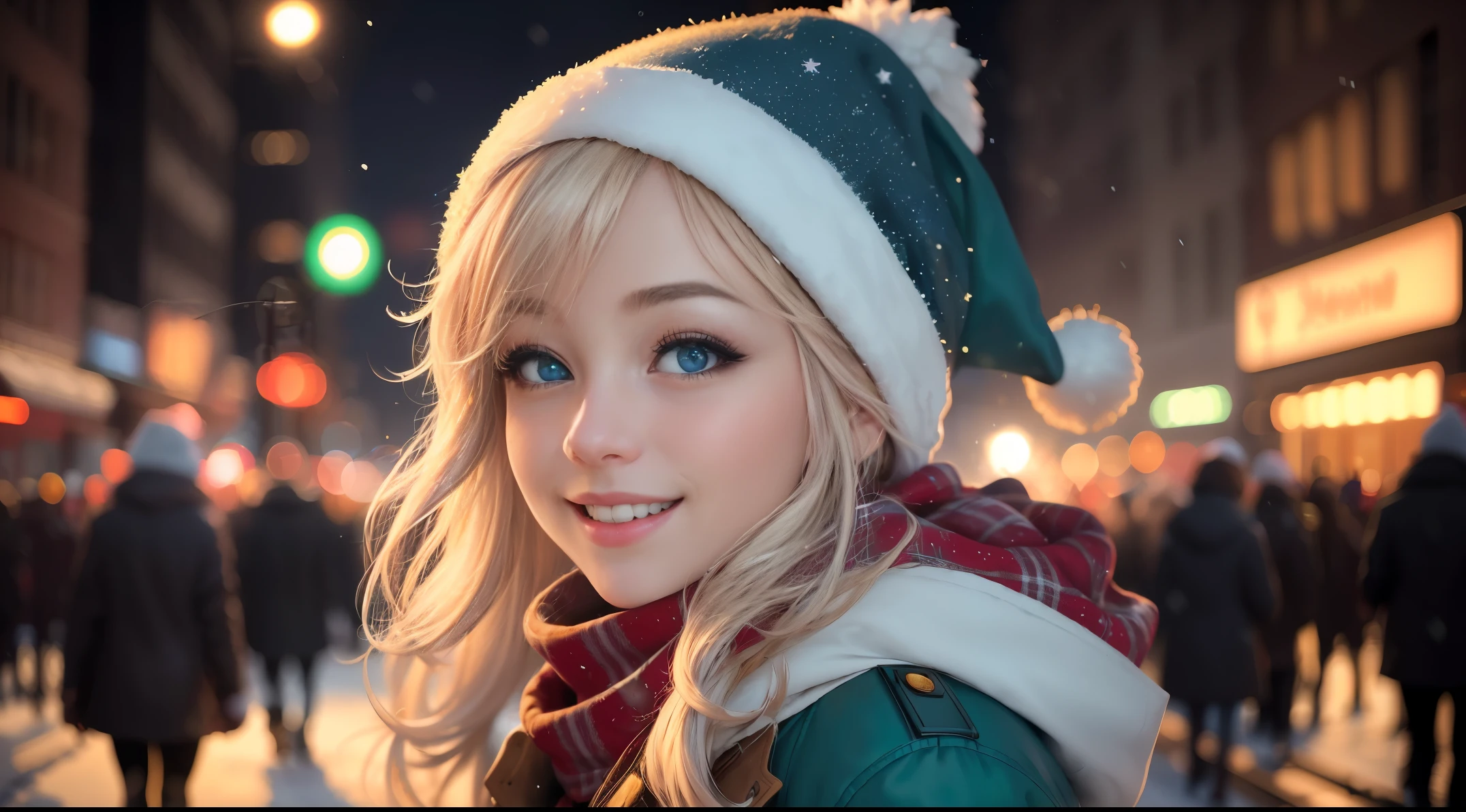 (best quality,4k,8k,highres,masterpiece:1.2),ultra-detailed,(realistic,photorealistic,photo-realistic:1.37),green-blue eyes,anime girl,Christmas Eve,New York City,USA,beautiful detailed eyes,beautiful detailed lips,extremely detailed eyes and face,long eyelashes,winter night scene,city lights,sparkling Christmas decorations,girl wearing a cozy winter coat,falling snow in the background,vibrant street atmosphere,starry sky,reflection of city lights on icy sidewalks,shimmering skyscrapers,joyful holiday spirit,colorful Christmas tree in the distance,festive atmosphere,happiness and excitement in the air,anime-style hair,smiling face amidst the hustle and bustle of the city,cheerful expression,hope and dreams for the new year