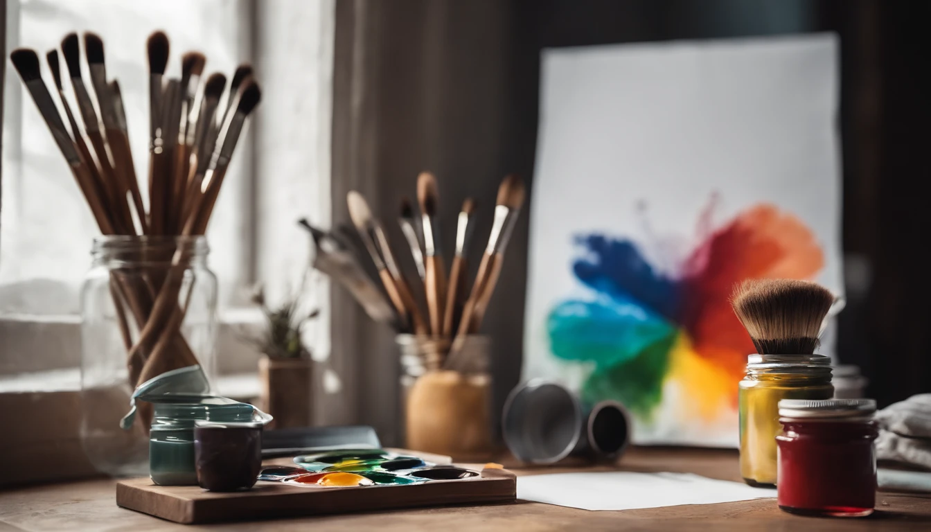 a creative shot of a blank poster mockup, with a colorful paint palette and brushes nearby, symbolizing the endless possibilities for artistic expression and visual communication