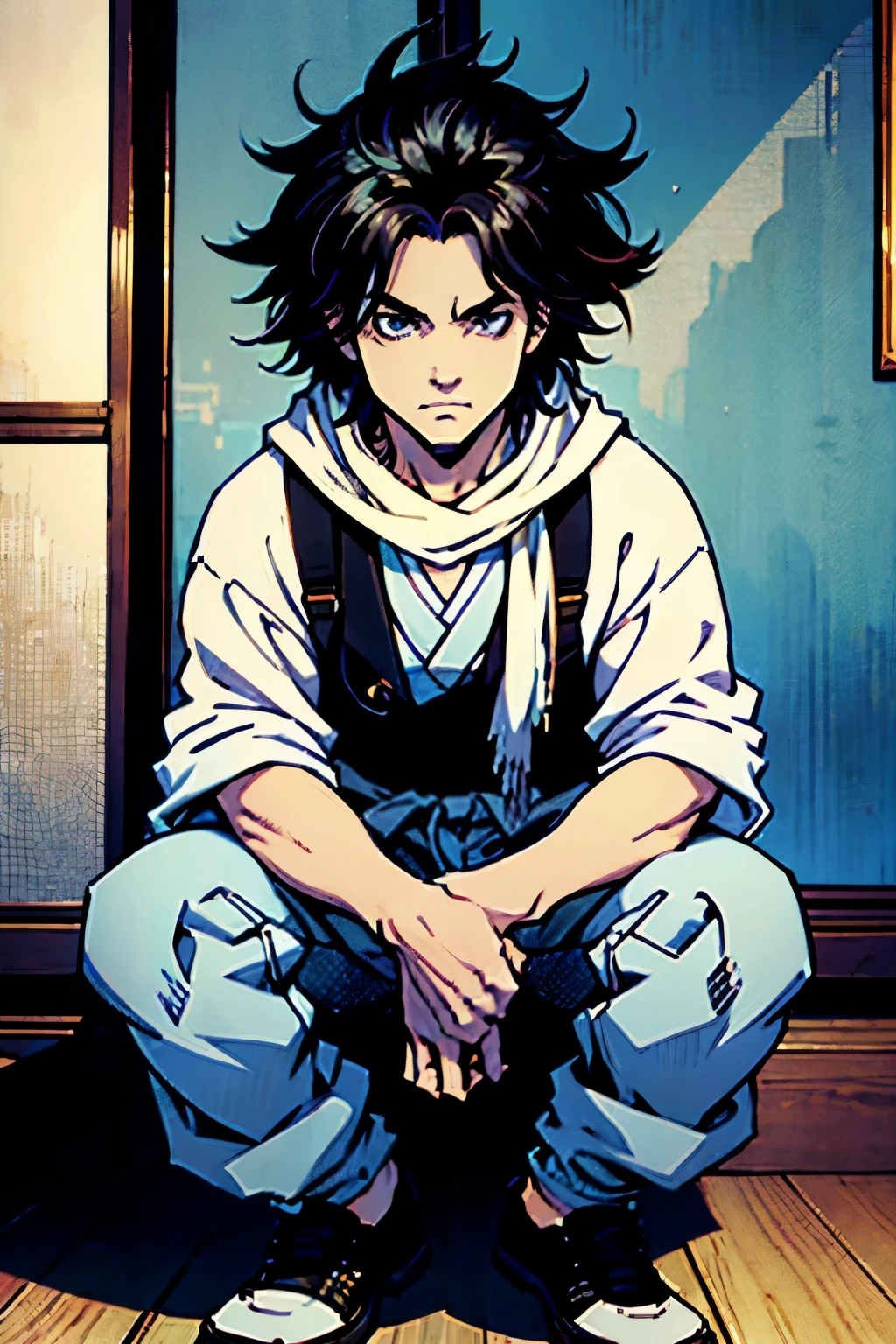 (best quality)), ((masterpiece)), (detailed), anime, Mikey, Messy hair, black hair, front face, white haori, scarf,  Male focus, facing viewers, Baggy pants, shoes,