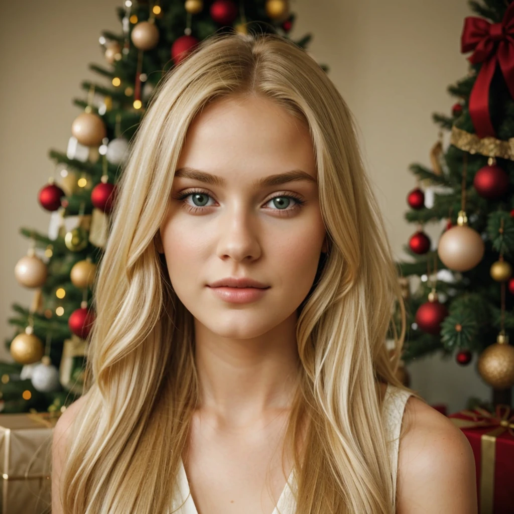 beautiful young girl, long blonde hair, looking at viewer, head portrait, photorealism sitting next to christmas tree