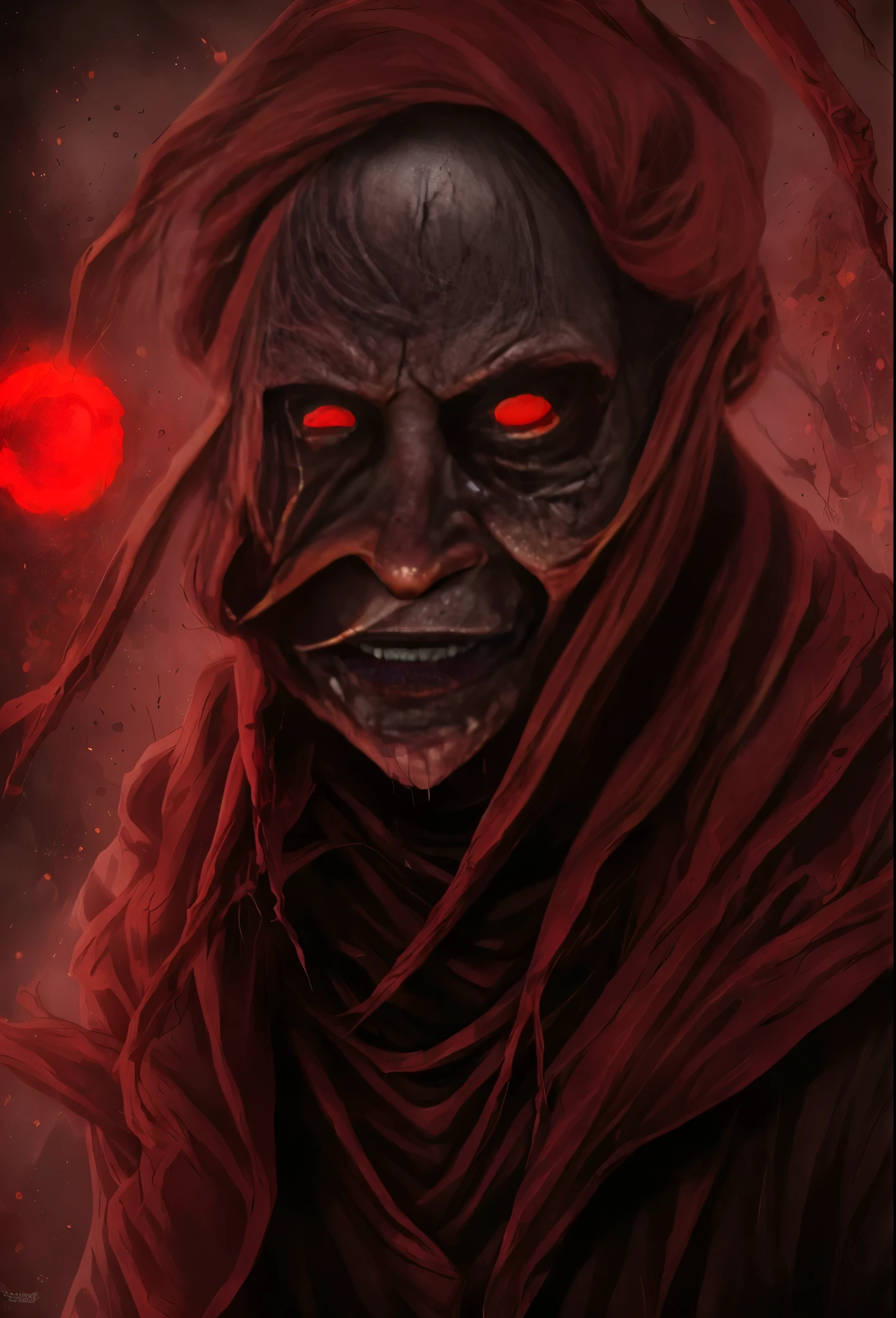 a close up of a person with a bloody face and red eyes, Terrifying digital art, The Art of the Apocalypse!!!!, bloody + Concept art, detailed 4k Horror artwork, Horror!! Highly detailed, epic portrait of menacing, Horror fantasy art, dark fantasy Horror art, Evil look, anger. hyper detailed, Evil Zombie, lee bermejo, A perverted god without a face