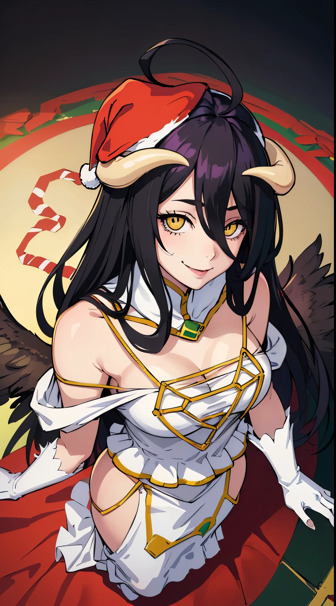 (masterpiece, best quality:1.2), from above, solo, 1girl, albedodef, ahoge, horns, black wings, naughty face, smile, looking at viewer, seating, ahoge, slit pupils, dress, hip vent, white gloves, black wings, bare shoulders, ((santa hat))