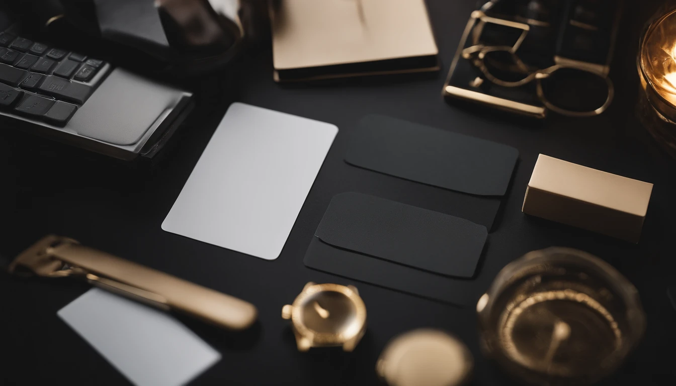 a top-view shot of a blank business card mockup, with a sophisticated desk setup and other office essentials, representing professionalism and networking potential