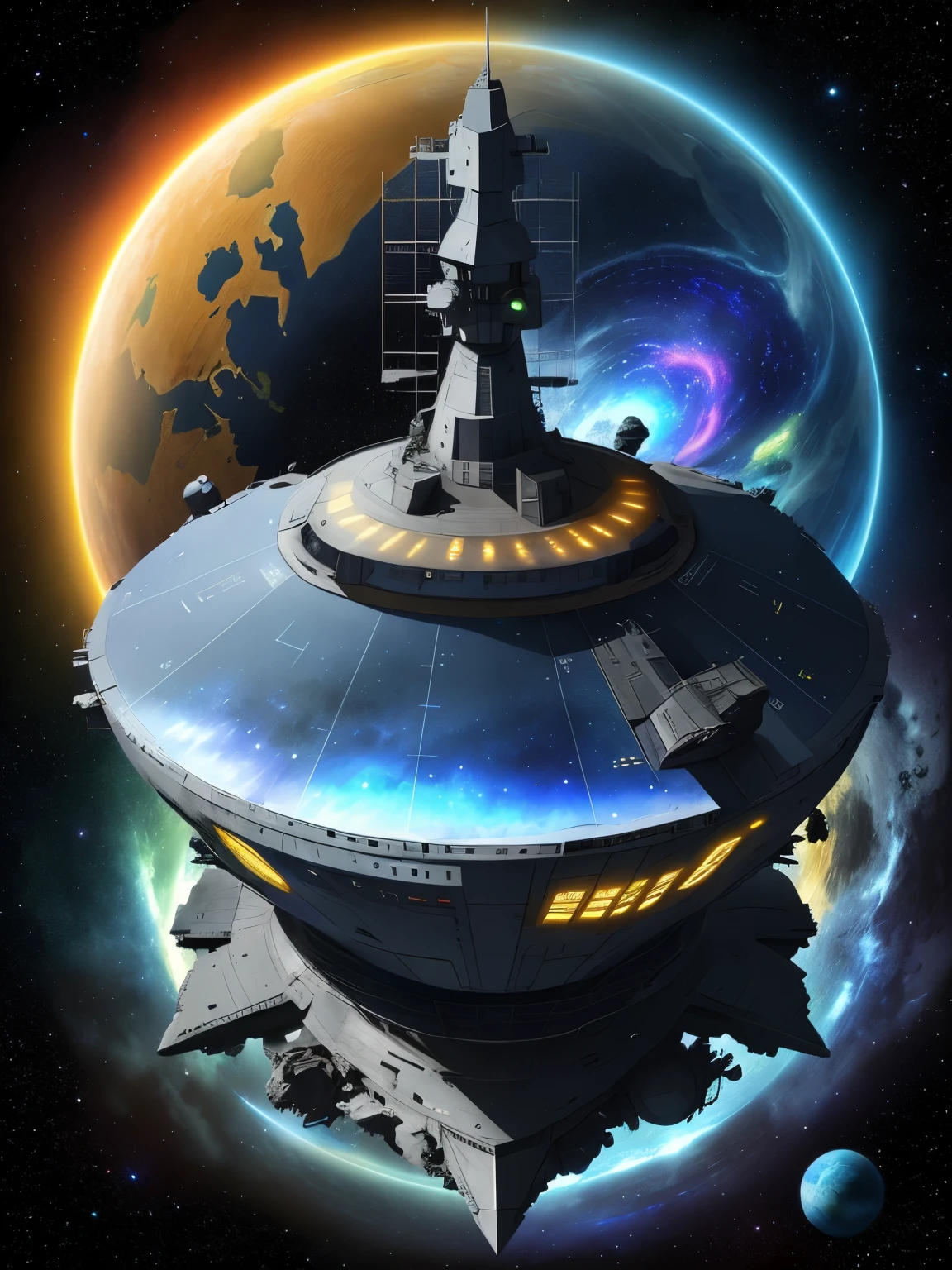 Dark bluish deep space. A blue-yellow gamut. Colorful multi-colored star fields. Super detailed, realistic futuristic spaceship orbiting around an unknown planet. The shape of the ship exactly replicates the shape of a junk box. Starship is dirty, scratched, paint is peeling, rust is visible in some places. A shot of the ship from the side, showing the planet's pole with atmosphere and cloud front. The photon emitter is working. Many portholes and observation decks have lights on. Dimension lights.