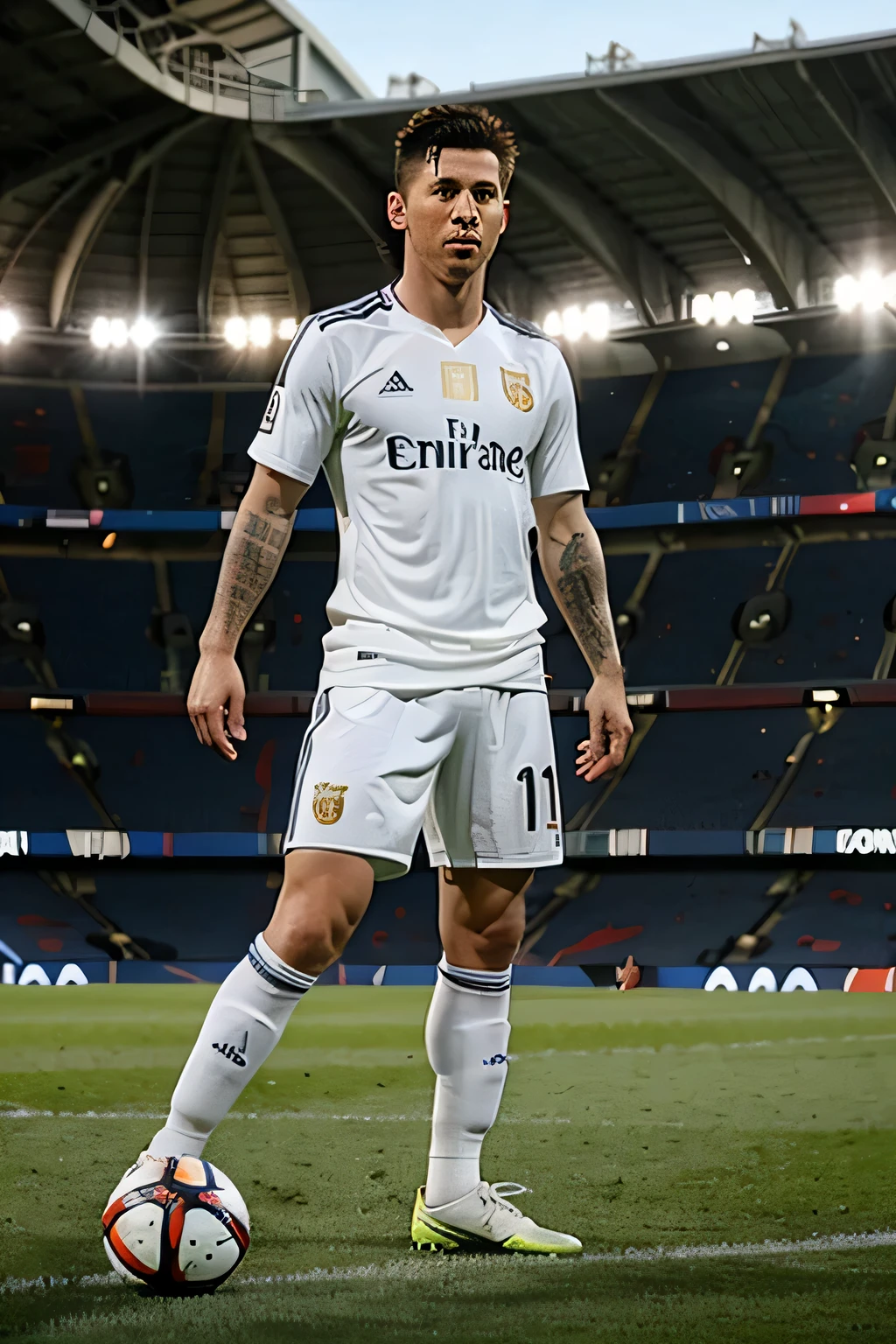 Lionel Messi confronts Ronaldo on an empty football pitch at Stamford Bridge.