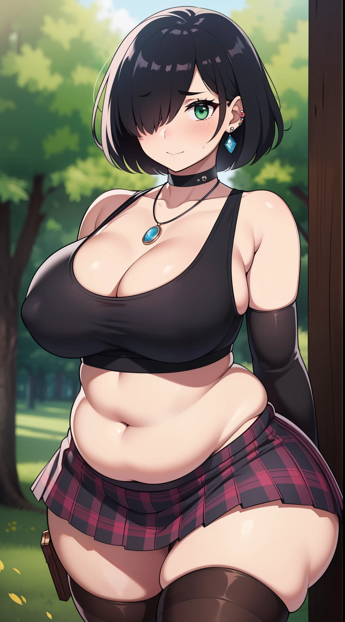 ((Masterpiece)), perfect anatomy, perfect shading, field of depth, (best quality), extremely delicate and beautiful, perfect lighting, detailed face, ultra cute face, cute, (cowboy shot 1.2), looking at viewer, (((1girl))), (((solo))), goth girl
Short hair, black hair, (hair over one eye), pale skin, green eyes, eye liner, ear piercing, choker, necklace, ((blush)), shy, nervoulack tank top 1.5), (plaid short sectioned skirt 1.5), thigh highs, medium breasts, cleavage, ((wide hips)), (((thick thighs))), (chubby), chubby belly,
park, intricate background, detailed background, arms behind back,