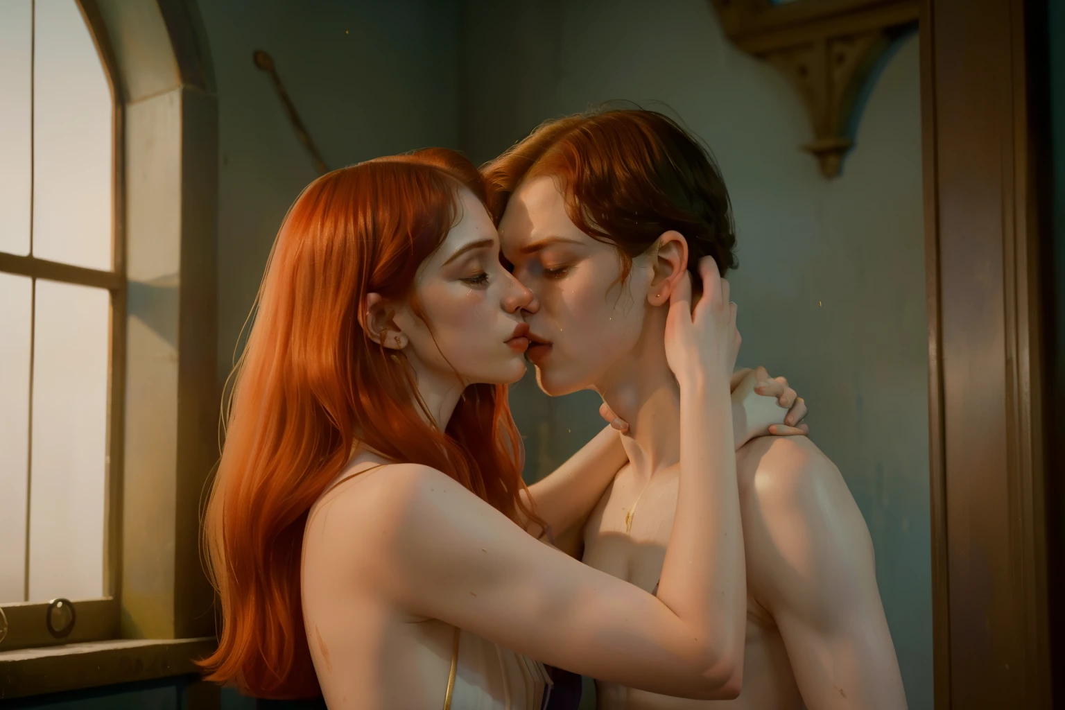 1143, Kingsbridge, England. otherworldly scene in a medieval poor house, ((((23-year-old)) Alexandra Daddario)), with (((Cameron Monaghan))), naked, passion, kissing, embracing each other, ((sobbing, crying bing tears)), ((very short and messy hair)), ((Wes Anderson cinematic style)), colorful