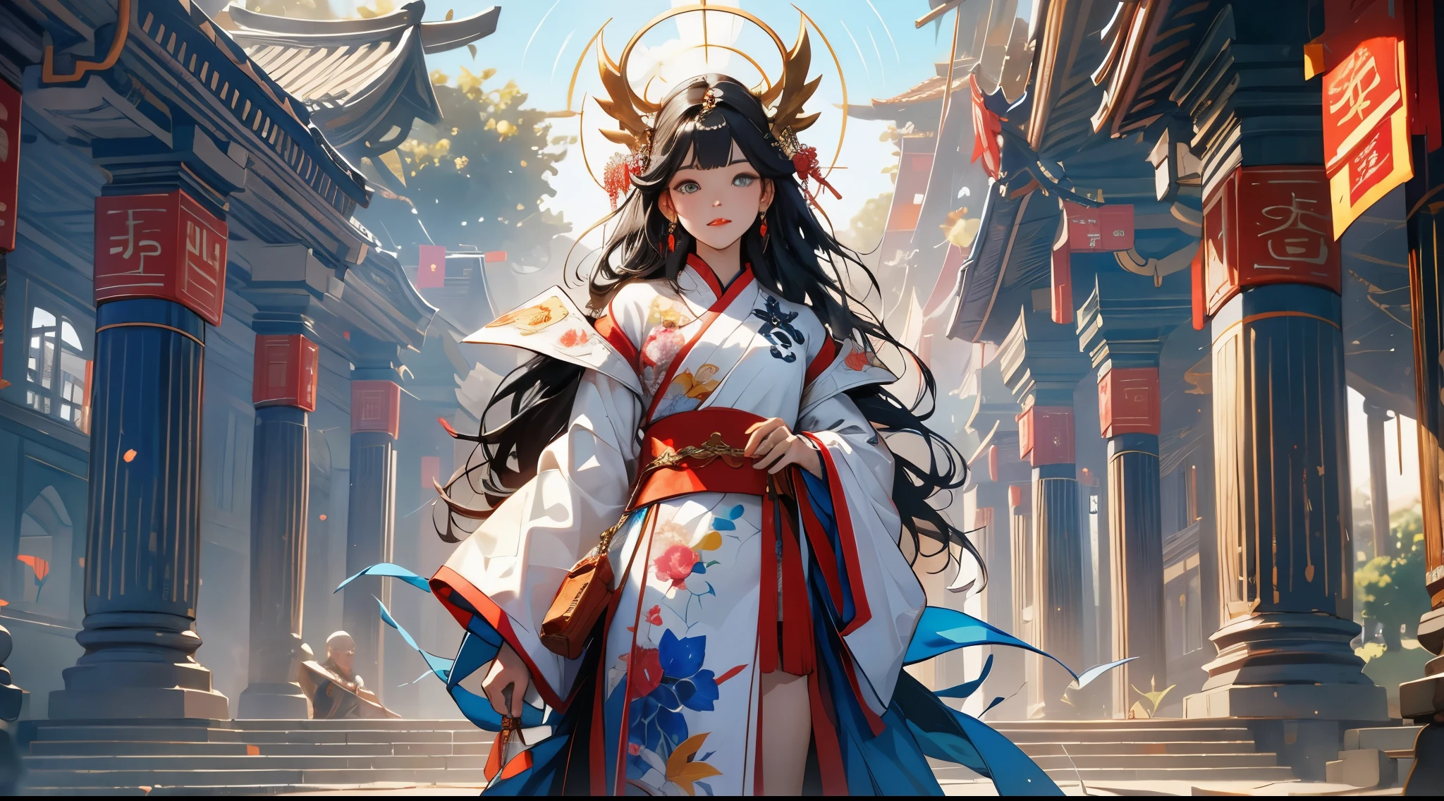 one-girl, ancient Chinese costume, Full body lesbian, rays of sunshine, Clear face, Clean white background, tmasterpiece, super detailing, Epic work, hyper HD, high high quality, The content is very detailed, offcial art, Unity8k wallpaper, super detailing, 32K