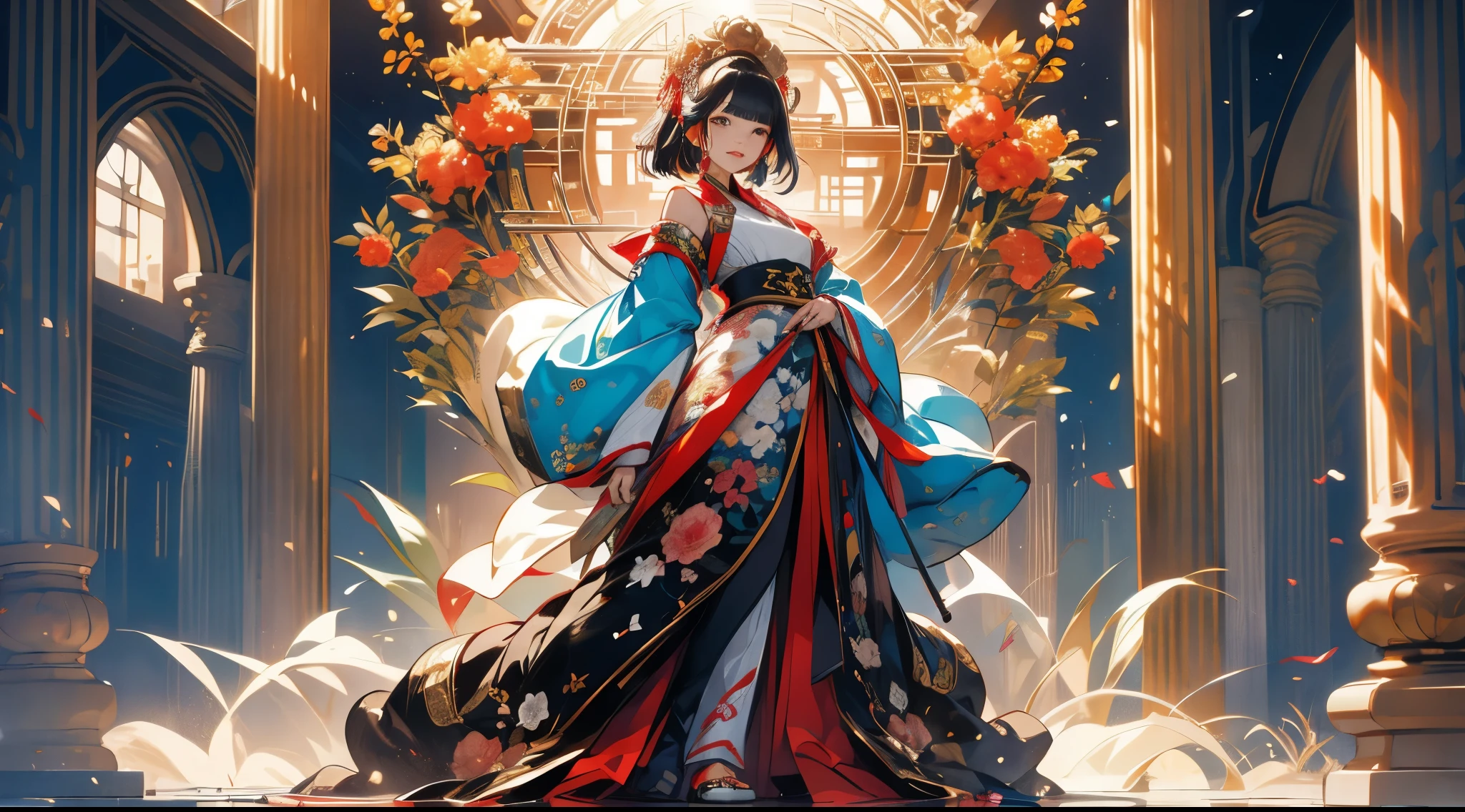 one-girl, ancient Chinese costume, Full body lesbian, rays of sunshine, Clear face, Clean white background, tmasterpiece, super detailing, Epic work, hyper HD, high high quality, The content is very detailed, offcial art, Unity8k wallpaper, super detailing, 32K
