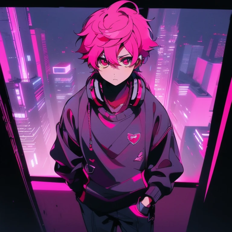 (short-cut), (Two-block hair), (vivid pink hair), (male character), (Red Eyes), (Cool pose), (of the highest quality), (​masterpiece), (ultra-detailliert), (Oversized hoodies), (Street), (neons), (Camera from low angle), (Modern City), (neonsデイライト), (Cinematic), (Stylish), (hight resolution), (Hyper Detailed), (Looking at the camera), (Anime-style), (Softtown), (nightcore), (a handsome man), (Listening to music through headphones), (natural appearance of the building), (casual), (ig studios anime style), (Standing Pose), (multi-angle view)