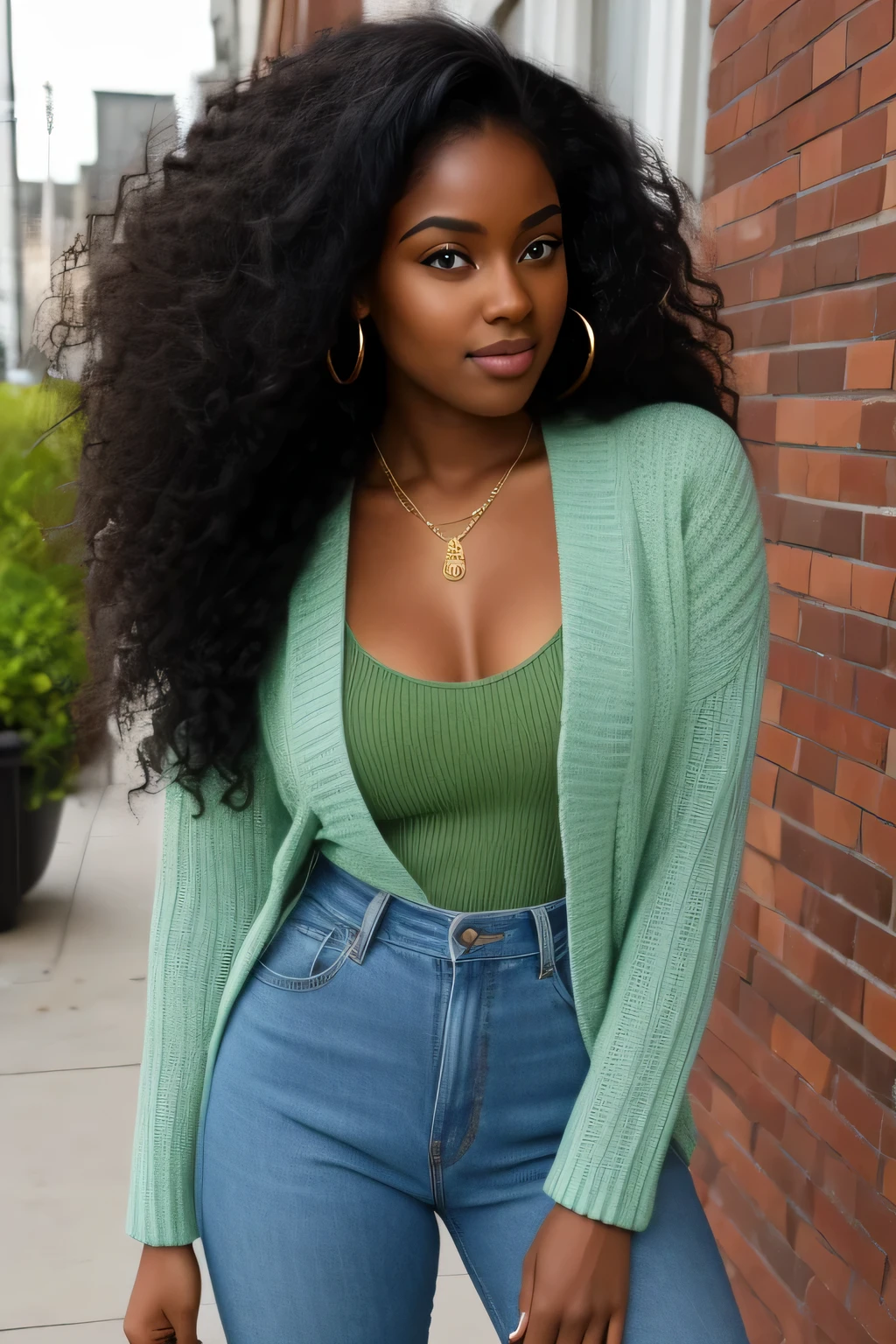 Ebony woman ,black woman ,dark skin tone ,afro , long hair,, black hair, full body voluminous hair with extremely detailed realistic casual outfit with emerald eyes, green eyes, bright honey eyes (Green Iris) and fleshy lips, black woman, non-sluggish, realistic extremely detailed posing with perfect face details, fashionable clothing, modern clothing, full body,