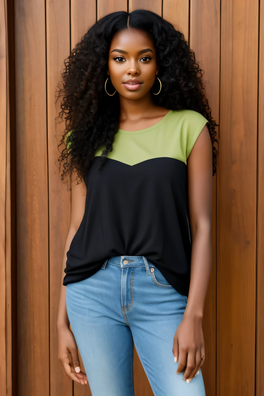 Ebony woman ,black woman ,dark skin tone ,afro , long hair,, black hair, full body voluminous hair with extremely detailed realistic casual outfit with emerald eyes, green eyes, bright honey eyes (Green Iris) and fleshy lips, black woman, non-sluggish, realistic extremely detailed posing with perfect face details, fashionable clothing, modern clothing, full body,