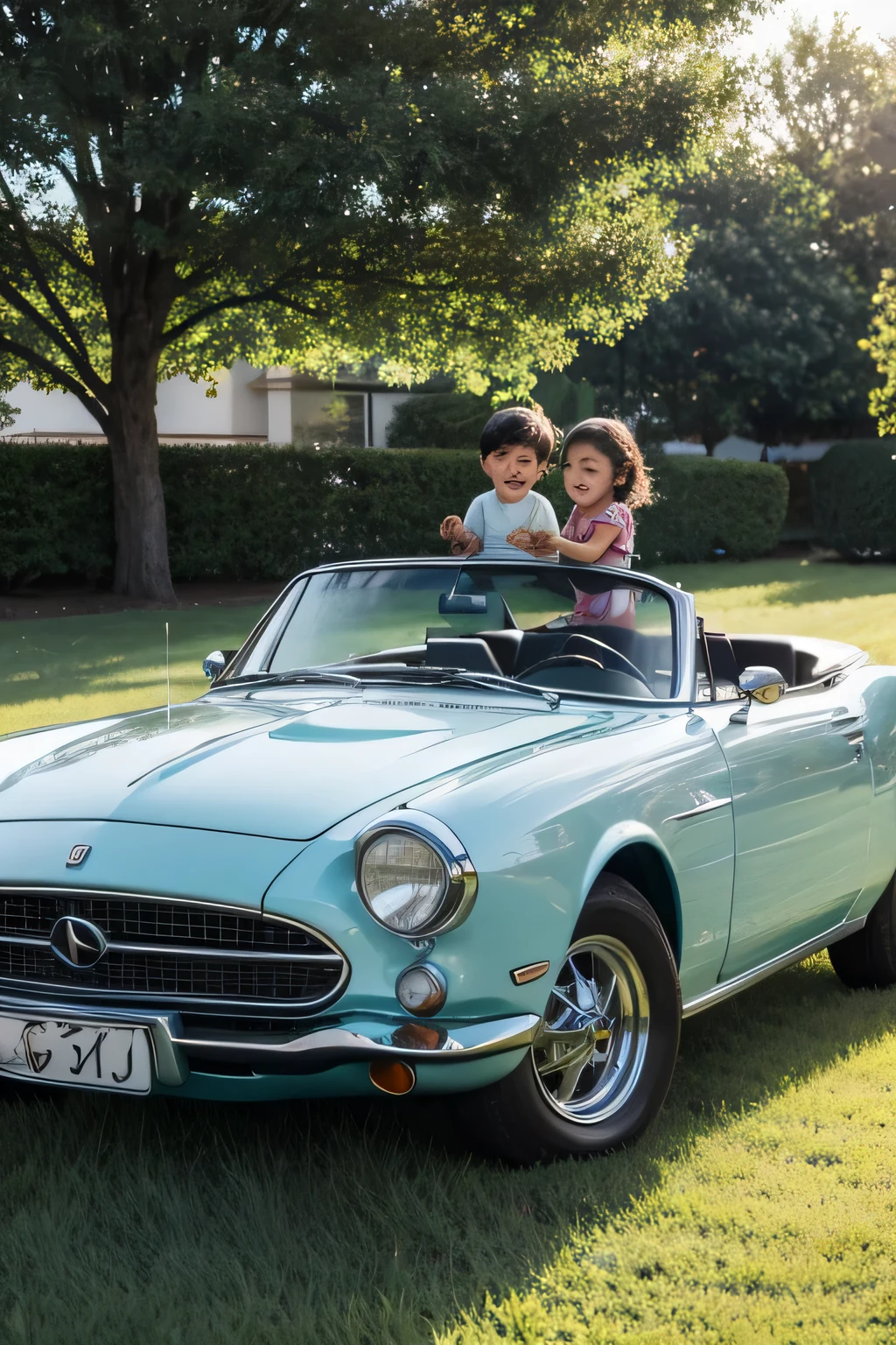 Children happily playing with vehicle models on the grass
