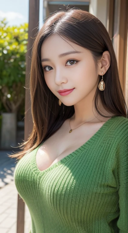 Beautifully detailed、High resolution portrait masterpiece of a girl with long hair。, Shiny brown hair and captivating green eyes, Wear a cozy sweater、She has a gorgeous smile that accentuates her small but perfectly shaped breasts..