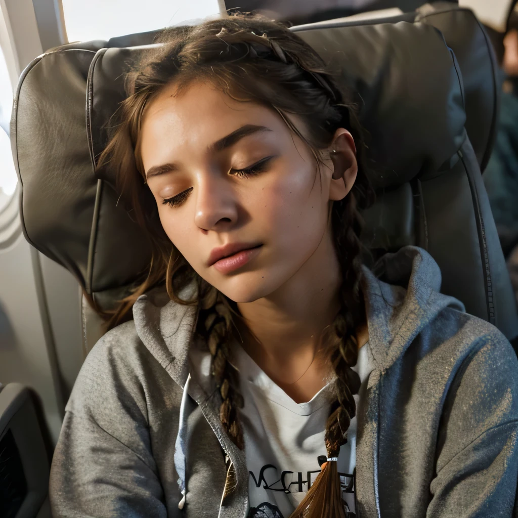 Generate a compelling image of a sleeping 18-year-old girl thriving in the ice age, explicitly avoiding any depiction of modern clothing. Emphasize her robust physique, This time dressed in a hoodie. Craft a rugged face with pronounced cheekbones, a weathered complexion, and intense, striking eyes. Depict wild, untamed hair, incorporating natural elements like braids with twigs or bones. Place her inside an airplane sleeping in her seat, wearing headphones.