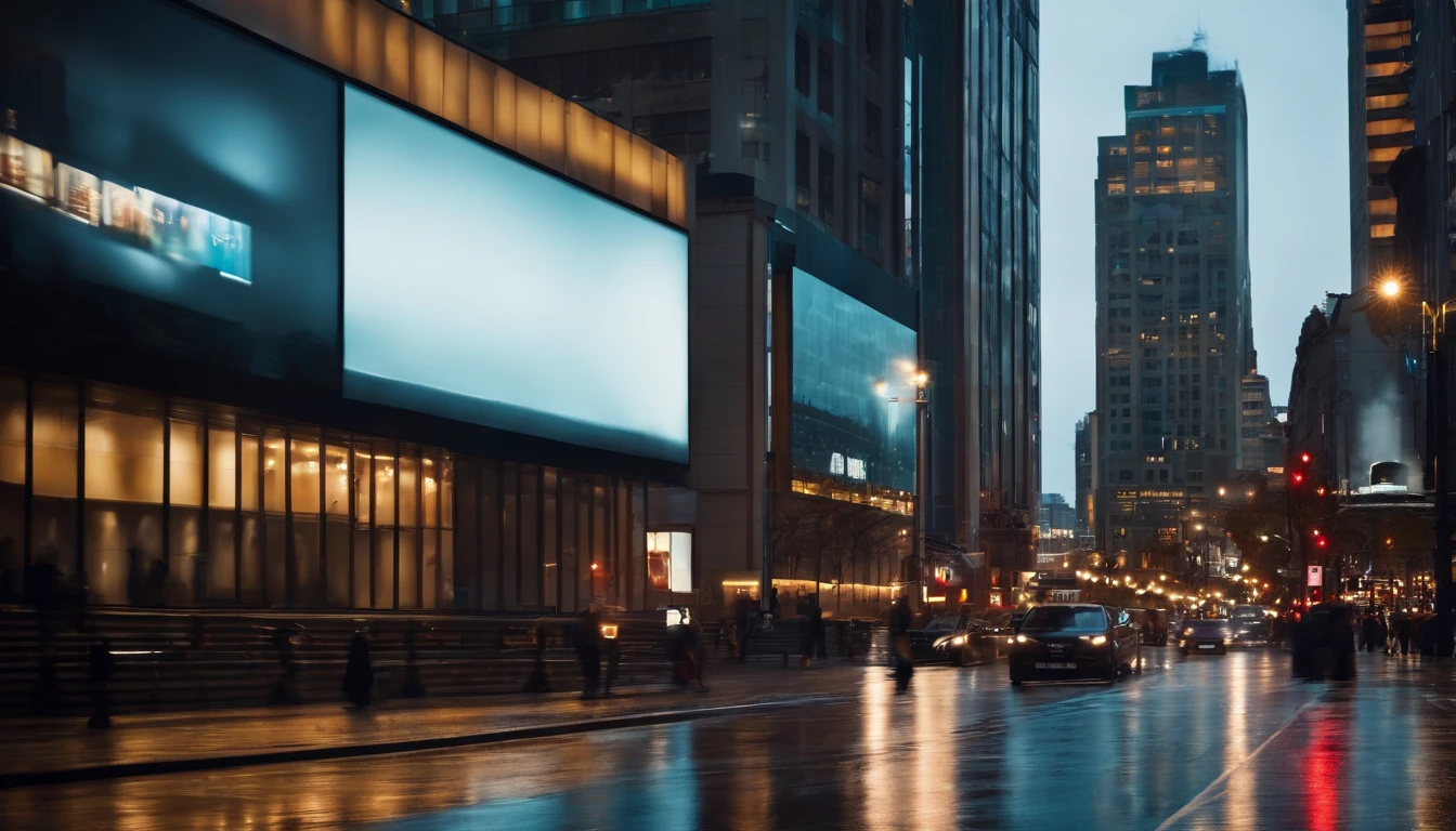 a dynamic shot of a blank billboard mockup in a bustling cityscape, with vibrant lights and busy streets, symbolizing the advertising and marketing opportunities