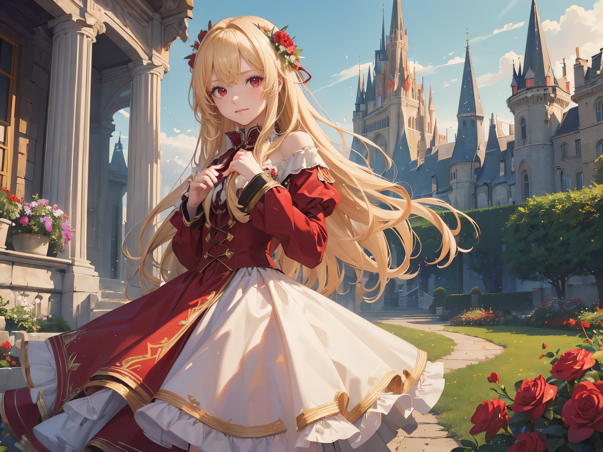 (Masterpiece, Best Quality, High Quality, Highres:1.4), Detailed, girl, solo, long hair, blonde hair, highly detailed hair and eyes, (red eyes:1.5), looking at viewer, cowboy shot, Princess dress, nice hands, perfect hands, light particles, outside the castle within the garden area full of flowers