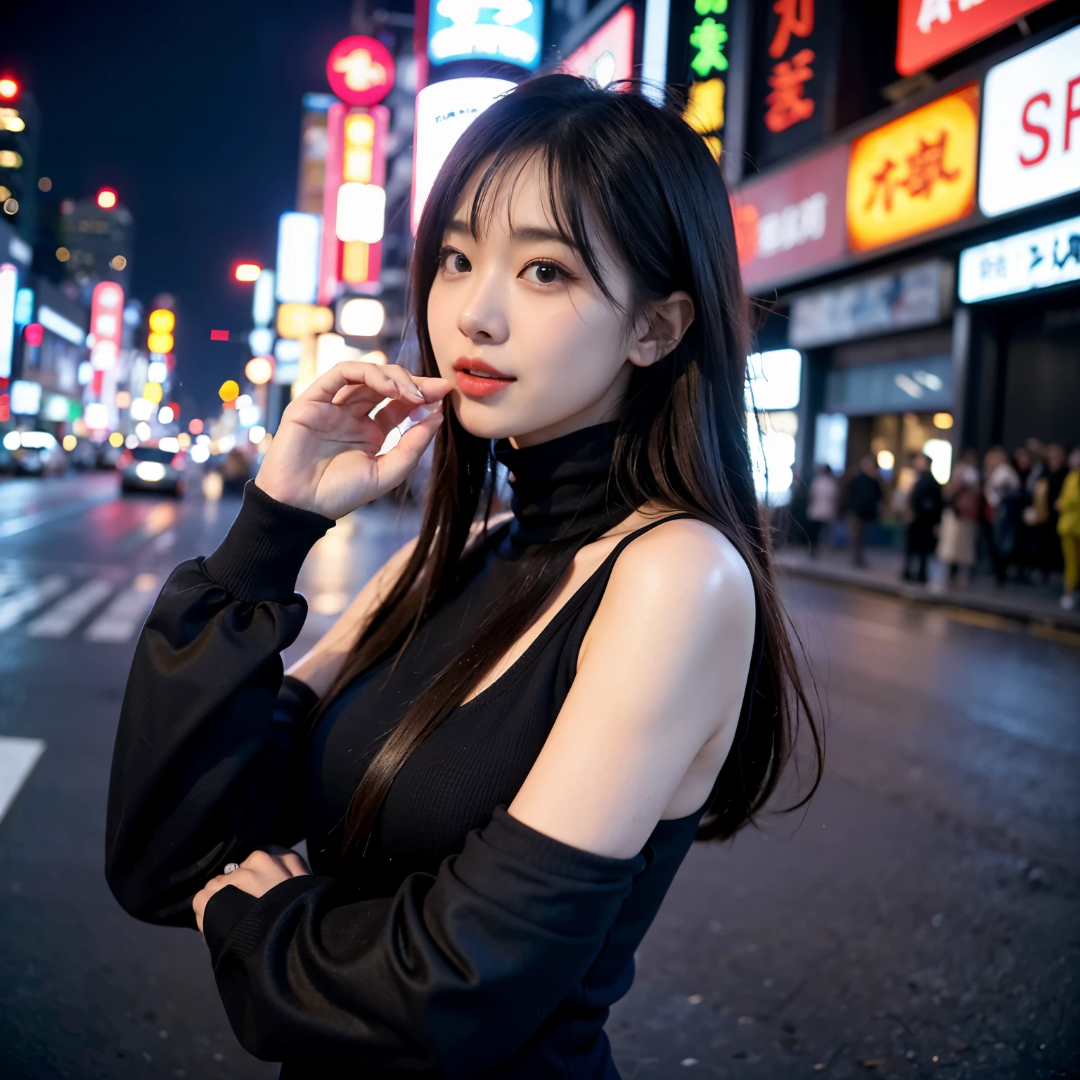 1 woman, tokyo streets,night, cityscape,city lights, upper body,enlargement, 8k, RAW photos, best quality, masterpiece,realistic, photo-realistic,