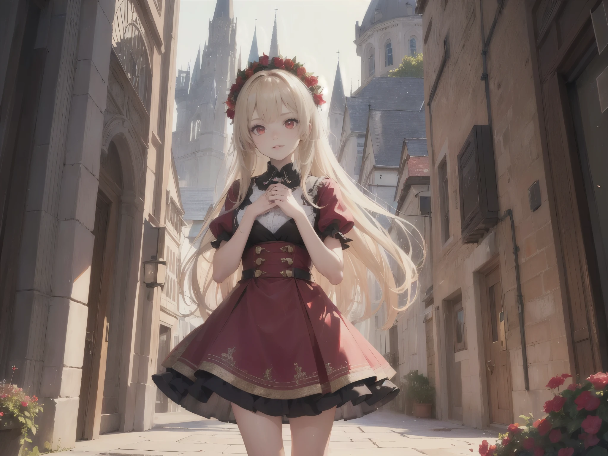 (Masterpiece, Best Quality, High Quality, Highres:1.4), Detailed, girl, solo, long hair, blonde hair, highly detailed hair and eyes, (red eyes:1.5), looking at viewer, cowboy shot, Princess dress, nice hands, perfect hands, light particles, outside the castle within the garden area full of flowers